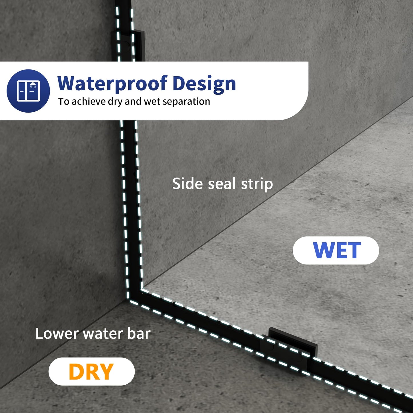DeerValley 34"×74" Shower Glass Panel, 5/16'' (8mm) Thick Fixed Glass Shower Panel, Frameless Shower Screen for Walk in Shower, Tempered Glass Half Door with Stainless Steel Clamps (Black)