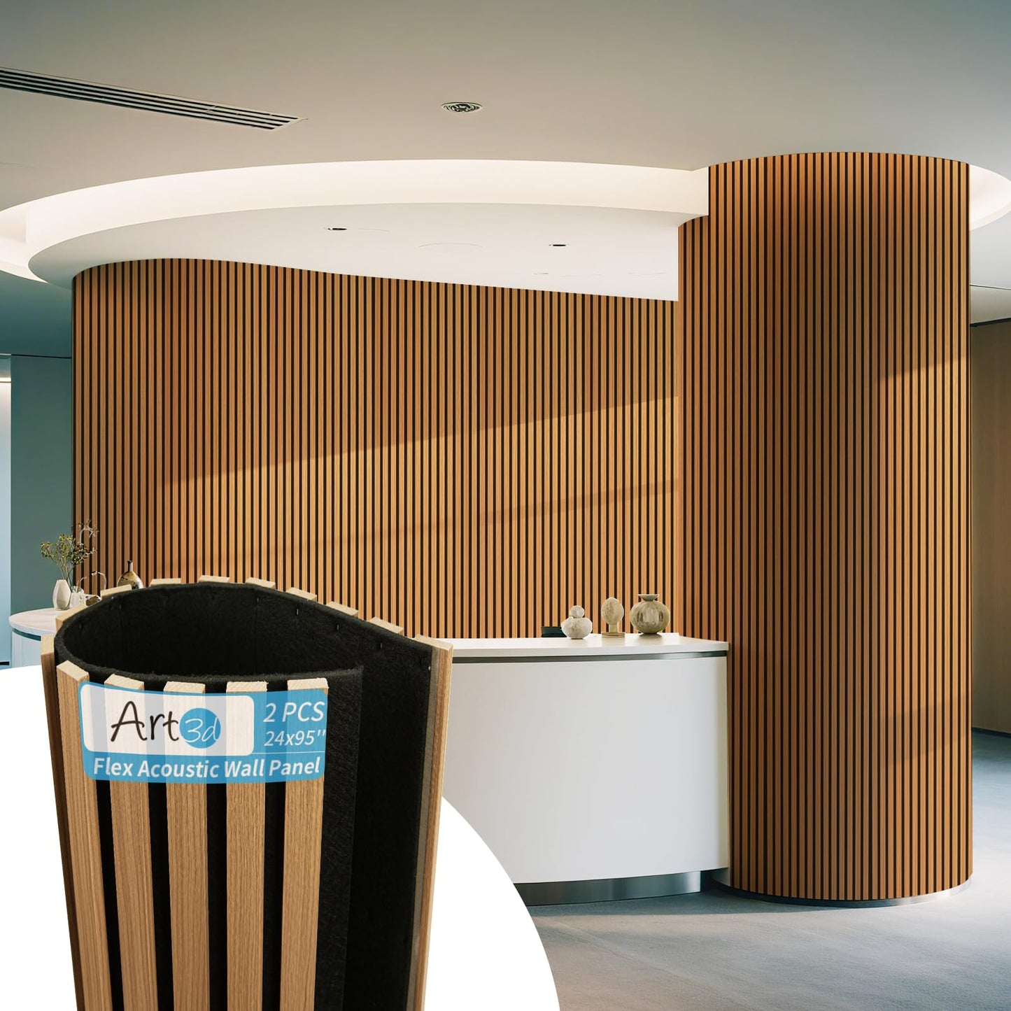 Art3d 2-Pack Acoustic Wood Slat Wall Panel with Roll-Flat Design - 95.3 x 23.8 Inch Sound Absorbing Panels for Living Room Columns Corridor Curved Wall Decor, Teak