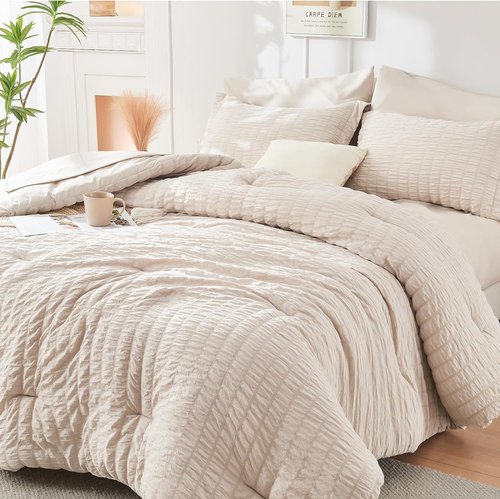 HYMOKEGE King Comforter Set - Beige Oversized 7-Piece Luxury Bedding Set for All Seasons | Includes Comforter, Sheets, Pillowcases & Shams