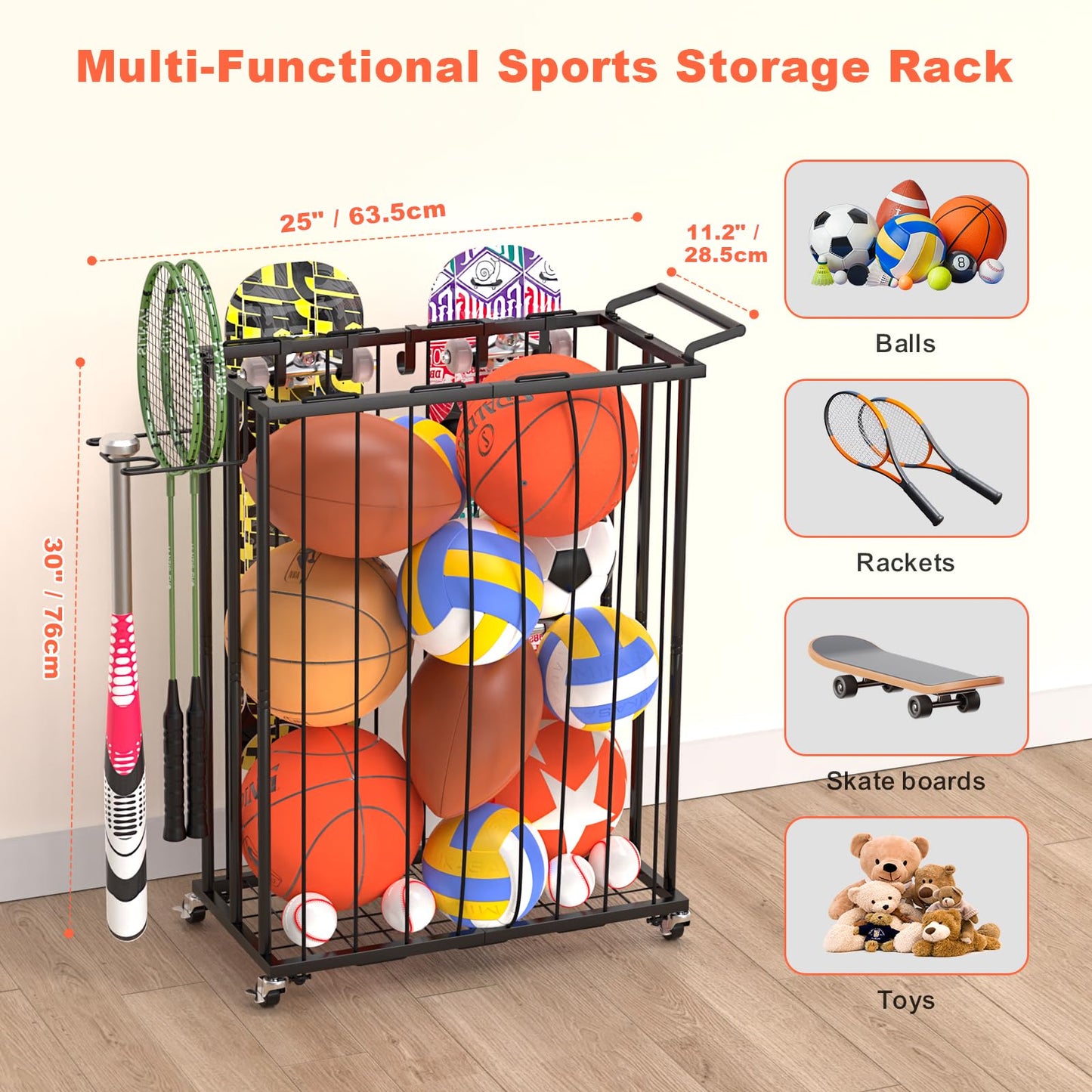 Multi-Functional Sports Storage Rack with Elastic Rope, Movable Racket Holders & Hooks - Heavy-Duty Organizer for Balls, Tennis/Badminton Rackets, Skateboard - Ideal for Garage, Home Gym & Playroom