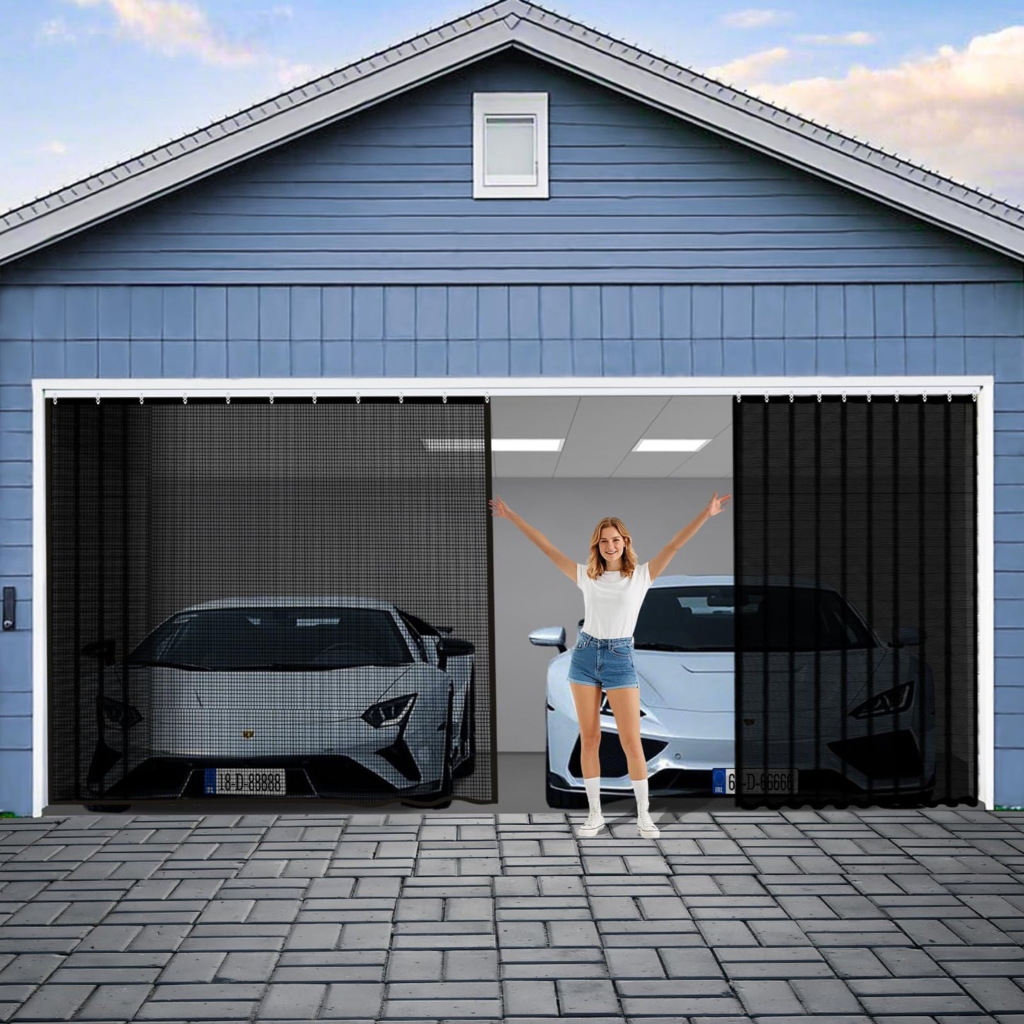 Sliding Garage Door Screen 2 Car with Track Closure,16x7Ft Garage Door Retractable Privacy Curtain Keep Annoying Animals Out Easy Install Heavy Duty Fiberglass Mesh for Opening Garage Aluminum Rail B1