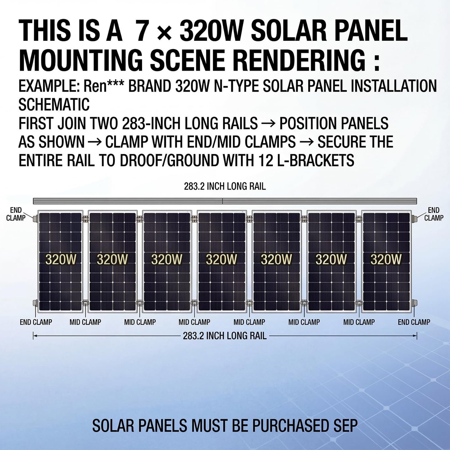 Mindoub Solar Panel Mounting Rail Kit for 7 x 320W Panels, Includes 12 x 47.2 Aluminum Rails, Adjustable Clamps, L-Brackets & Wire Clips, Heavy Duty Racking for Metal, Tile, Shingle Roof