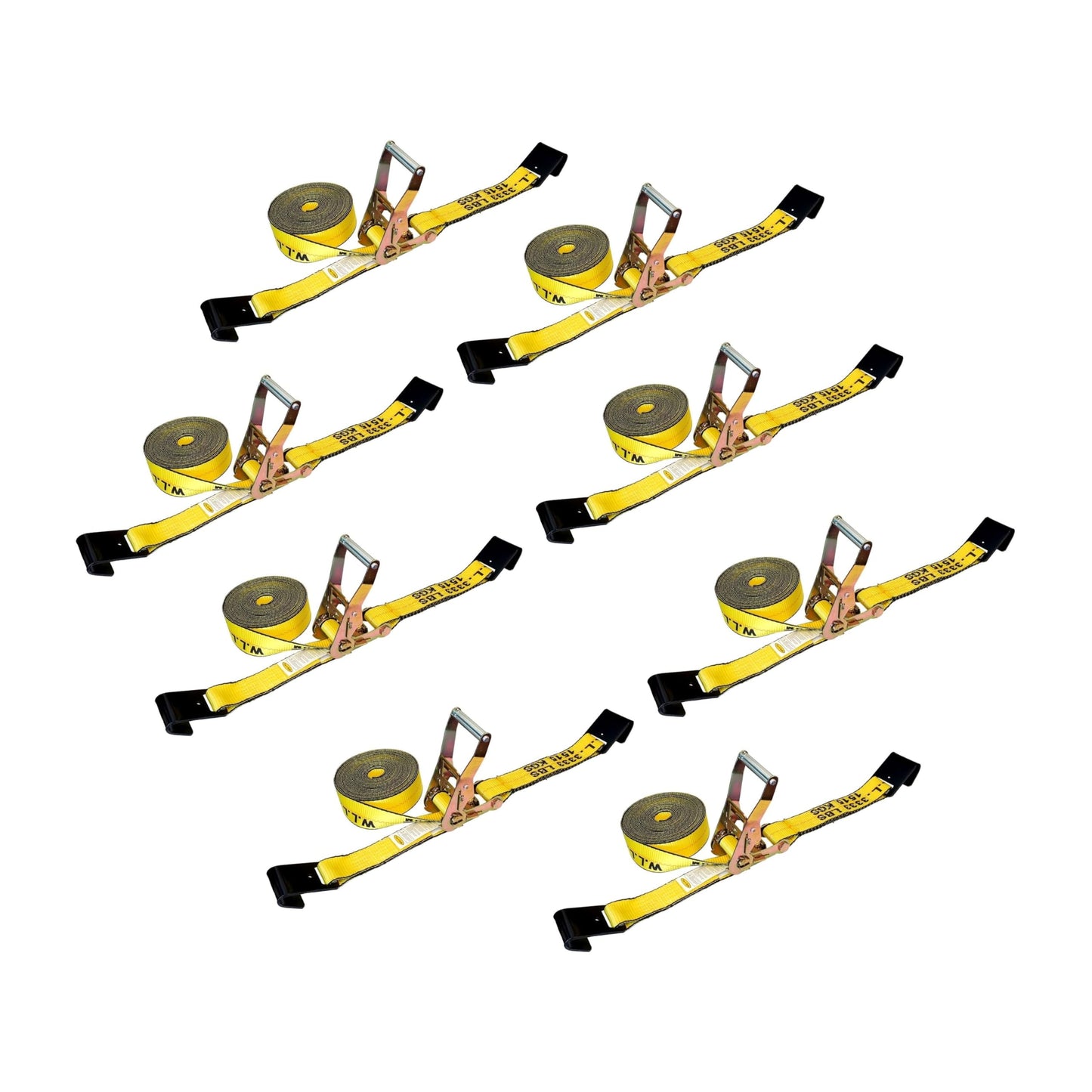 Mega Cargo Control 2" x 30' Flat Hook Ratchet Straps, 8 Pack - 2 Inch X 30 Foot, Yellow Heavy Duty Tie Downs with 10,000 lbs Break Strength for Flatbed Trailer Towing Hauling