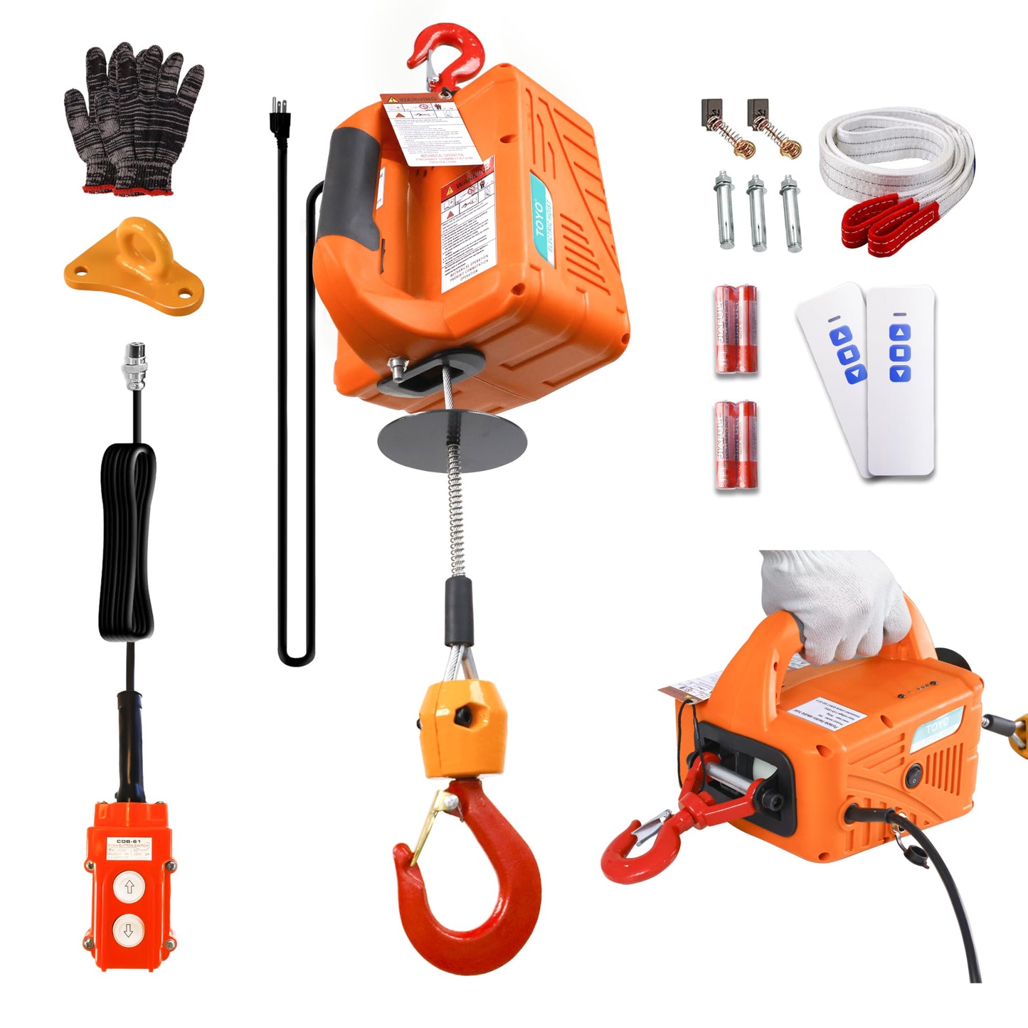 3-in-1 1500W Electric Hoist Winch, 120V Portable Electric Hoist with Remote (Manual/Cable/Wireless), 1500 lbs Capacity, 16 ft/min Speed, 25ft Height – for Garage, Warehouse (Orange)