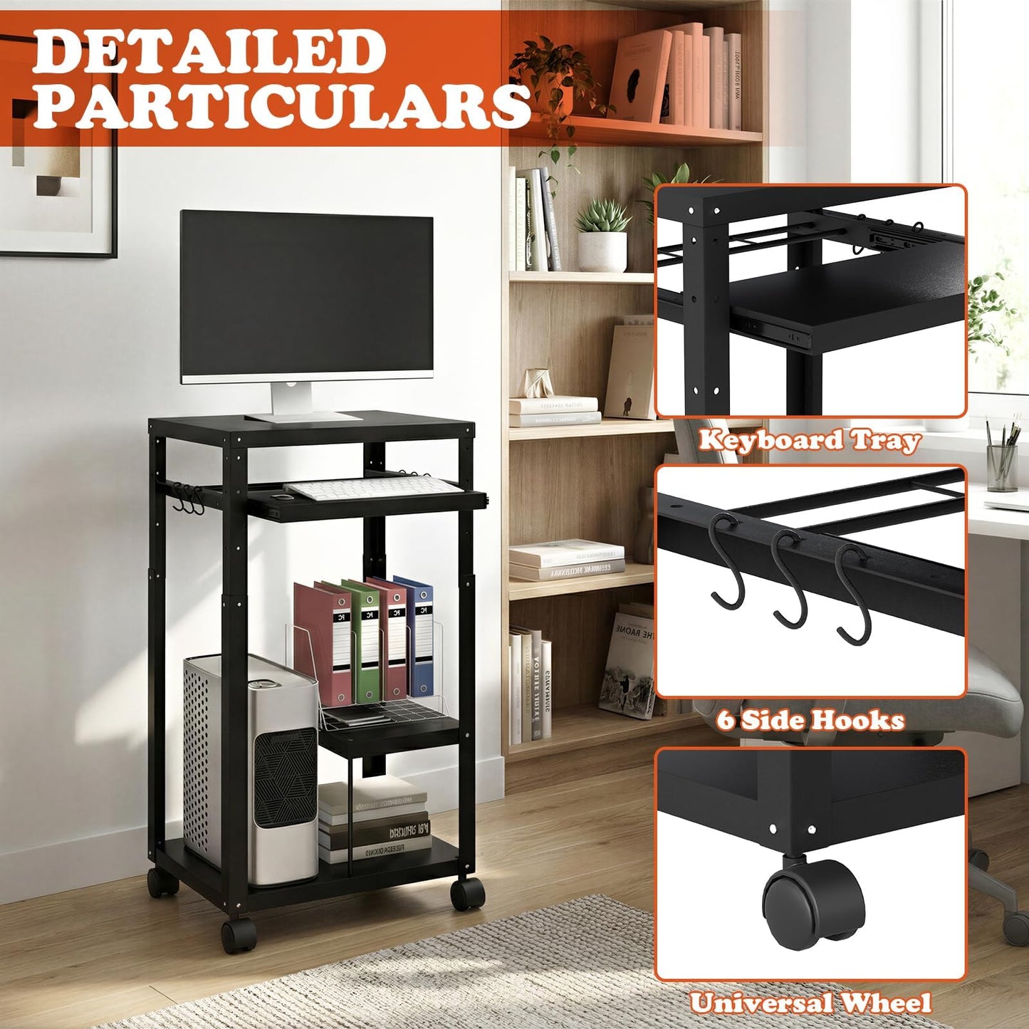 tonchean AV Presentation Cart for Video,Laptop Computers,Projector Cart with Adjustable Shelves,6 Hooks,4 Wheels,Keyboard Tray,Mobile Computer Cart for Classroom Office Warehouse