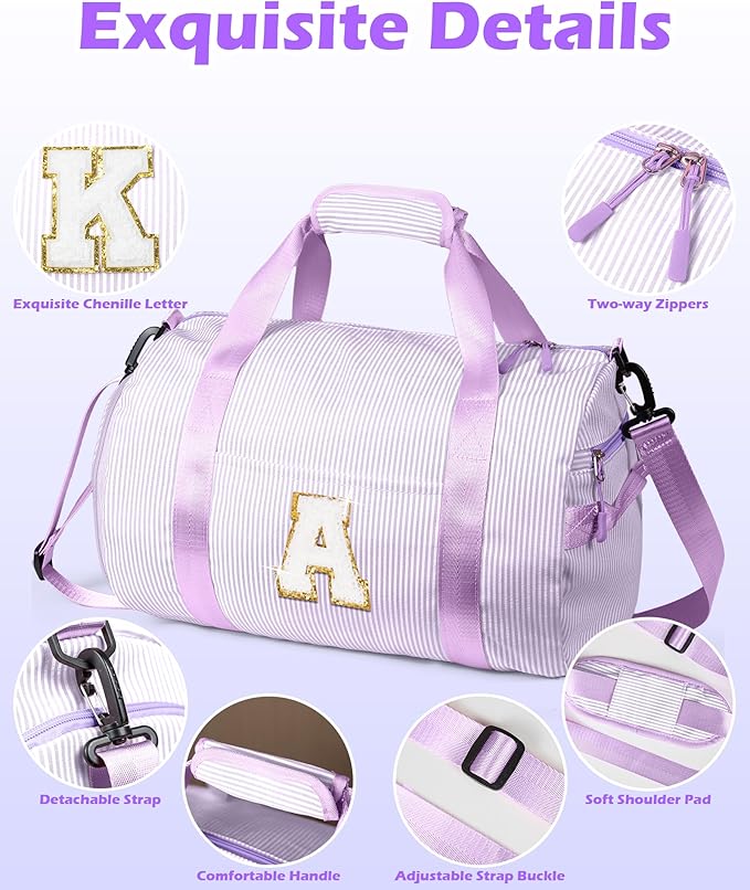 Christmas Gift for Her, Girl Gym Bag, Kids Initial Overnight Duffel Bags with Shoe Compartment, Personalized Dance Bag with Makeup Pouch, Tween Girls Gifts Trendy Stuff (Letter W)