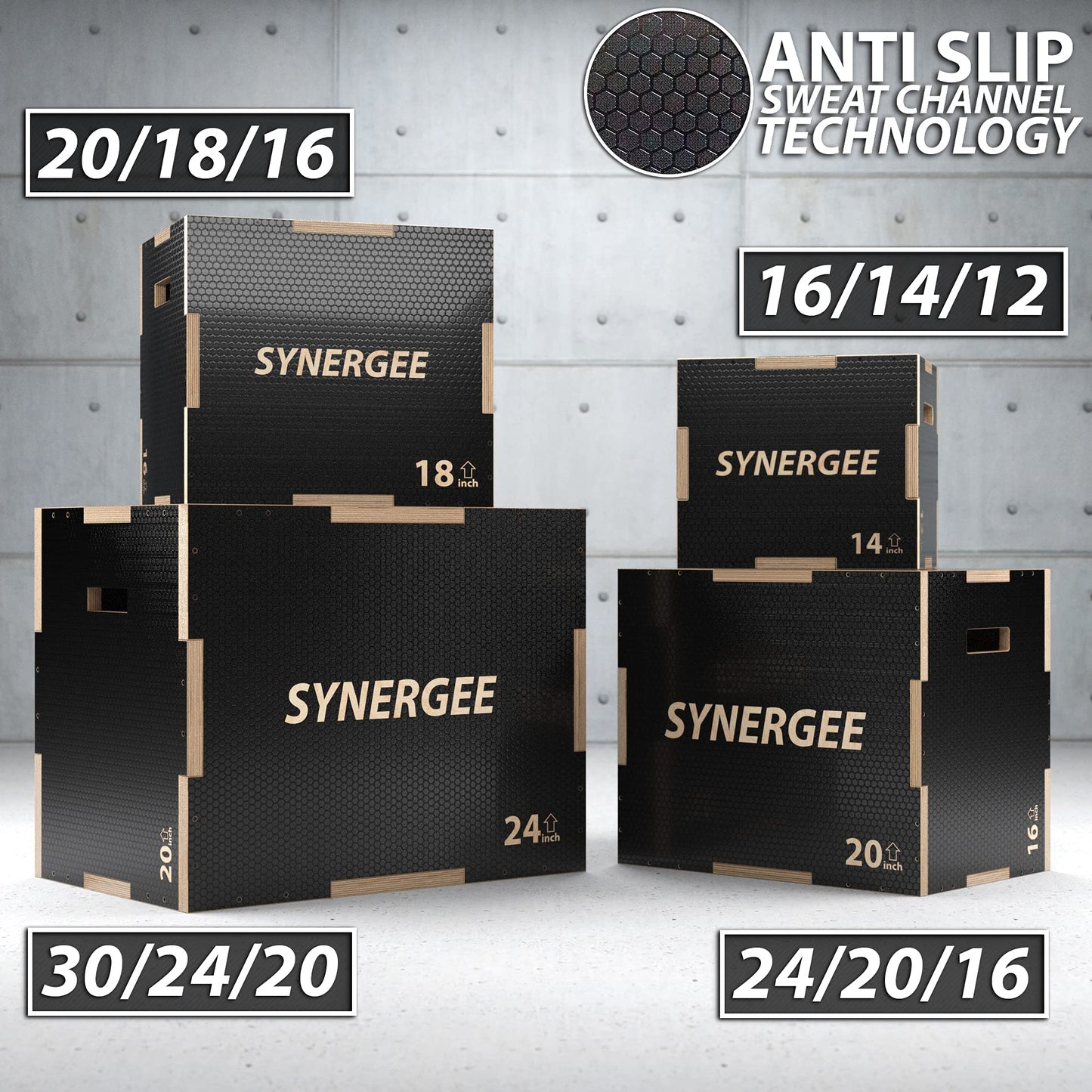 Synergee 3 in 1 Non-Slip Wood Plyometric Box for Jump Training and Conditioning. Wooden Plyo Box All in One Jump Trainer. Size - 30/24/20