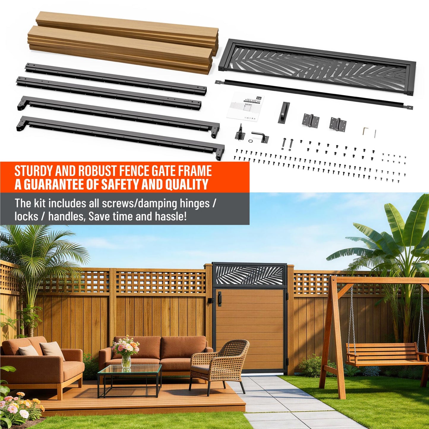 Uphode 4x5FT(46.8" x 59") 201 Stainless Steel Fence Gate Kit Heavy Duty, Anti Sag Metal Fence Gate Frame Kit with Aluminum Board, Morden Garden Gate Hardware Kit Outdoor (Left/Right Free-Installation)
