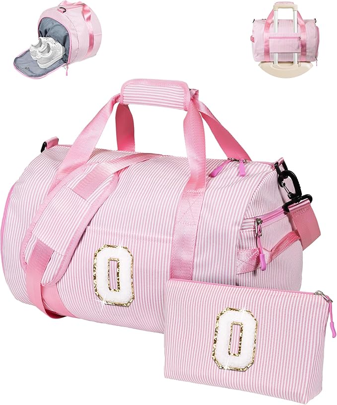Birthday Gift for Granddaughter, Girl Gym Bag, Kids Initial Overnight Duffel Bags with Shoe Compartment, Personalized Travel Bag with Makeup Pouch, Easter Basket Stuffer for Teen (Letter O)