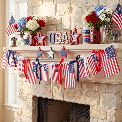 Chumia 4th of July American Flags Ribbon Banner - Patriotic Mantel Decoration | 6.56 ft for Indoor/Outdoor Use
