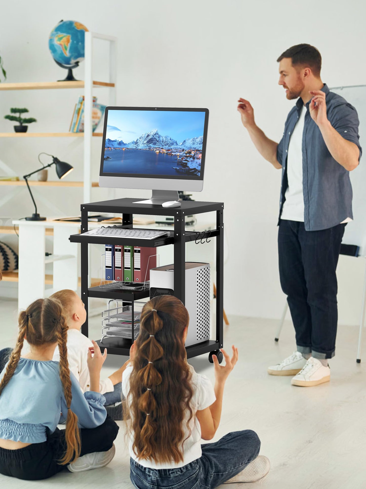 Qriocioa AV Presentation Cart with Keyboard Tray Mobile AV Cart Stand Metal Media Cart with Wheels for Projector Height Adjustable Computer Workstation Presentation Cart for School Classroom Office