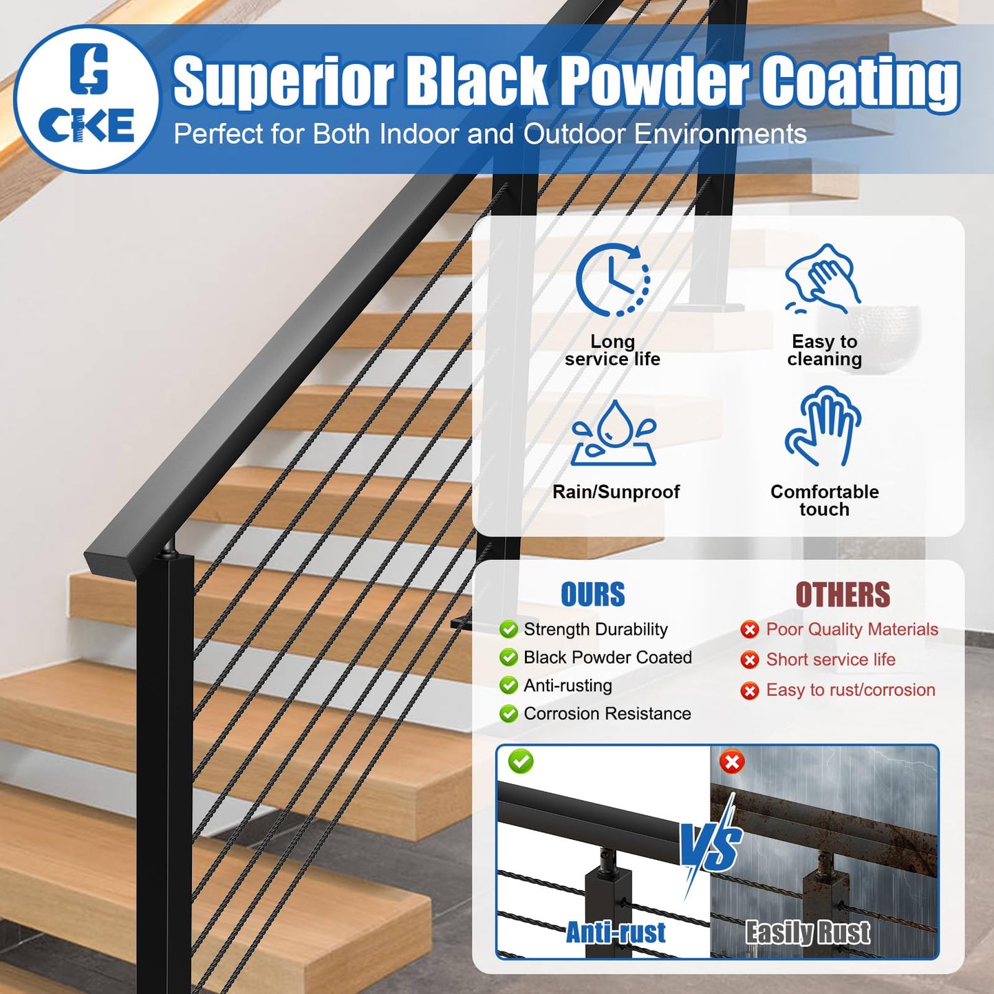 CKE 6'6" Stainless Steel Cable Railing Handrail for Indoor Outdoor Deck Stair Flat Top Rail Cable Railing System, Black Rectangular Handrail Cable Railing Kits with End Caps, HT01