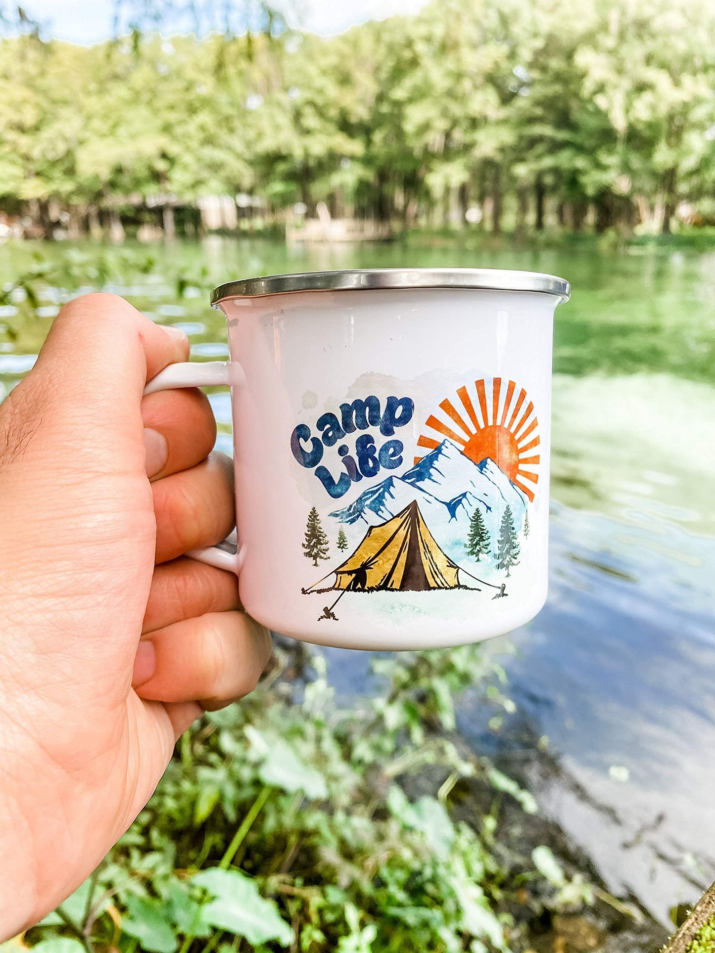 Loftipop Camp Life Enamel Campfire Mug, Outdoor Camping Coffee Cup, Mountain Nature Hiking Lover Gift (12oz)