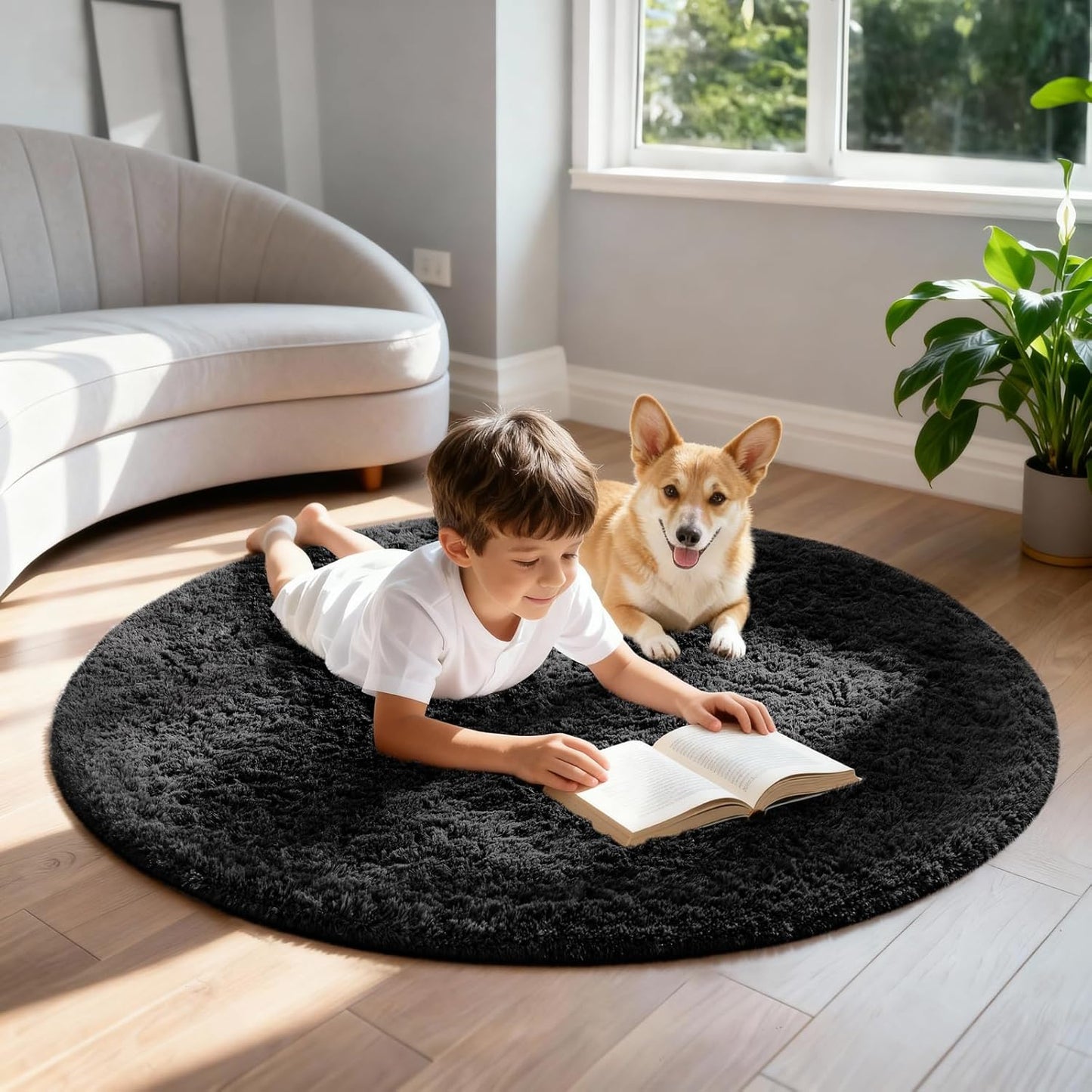 Ophanie Round Rug - 4Ft Black Circle Area Rug | Fluffy Soft Shaggy Carpet for Bedroom & Nursery Decor