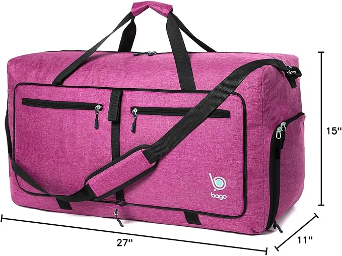Bago Large Foldable Duffel Bags for Traveling Women & Men - 80L Packable Duffle Bag for Travel with Shoe Compartment - Water Repellant, Heavy Duty, Lightweight Folding & Collapsible (SnowPink)
