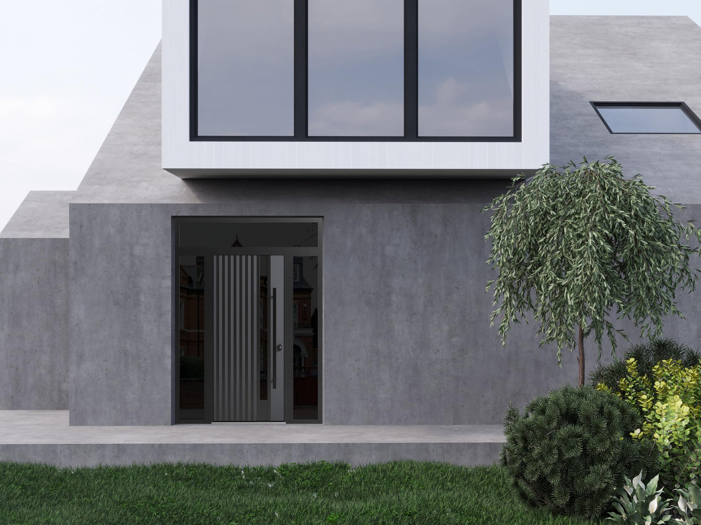 VDOMDOORS Front Exterior Prehung Steel Door/Ronex 0144 Grey / 2 Side and Top Exterior Window Sidelite/Entry Metal Modern Painted W16+36+16" x H80+16" Left Hand Inswing