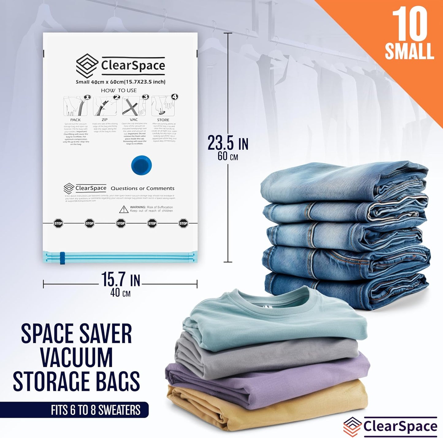 Skiennix Vacuum Seal Bags - Space-Saving Storage for Clothes & Blankets | 10 Small Bags with Hand Pump