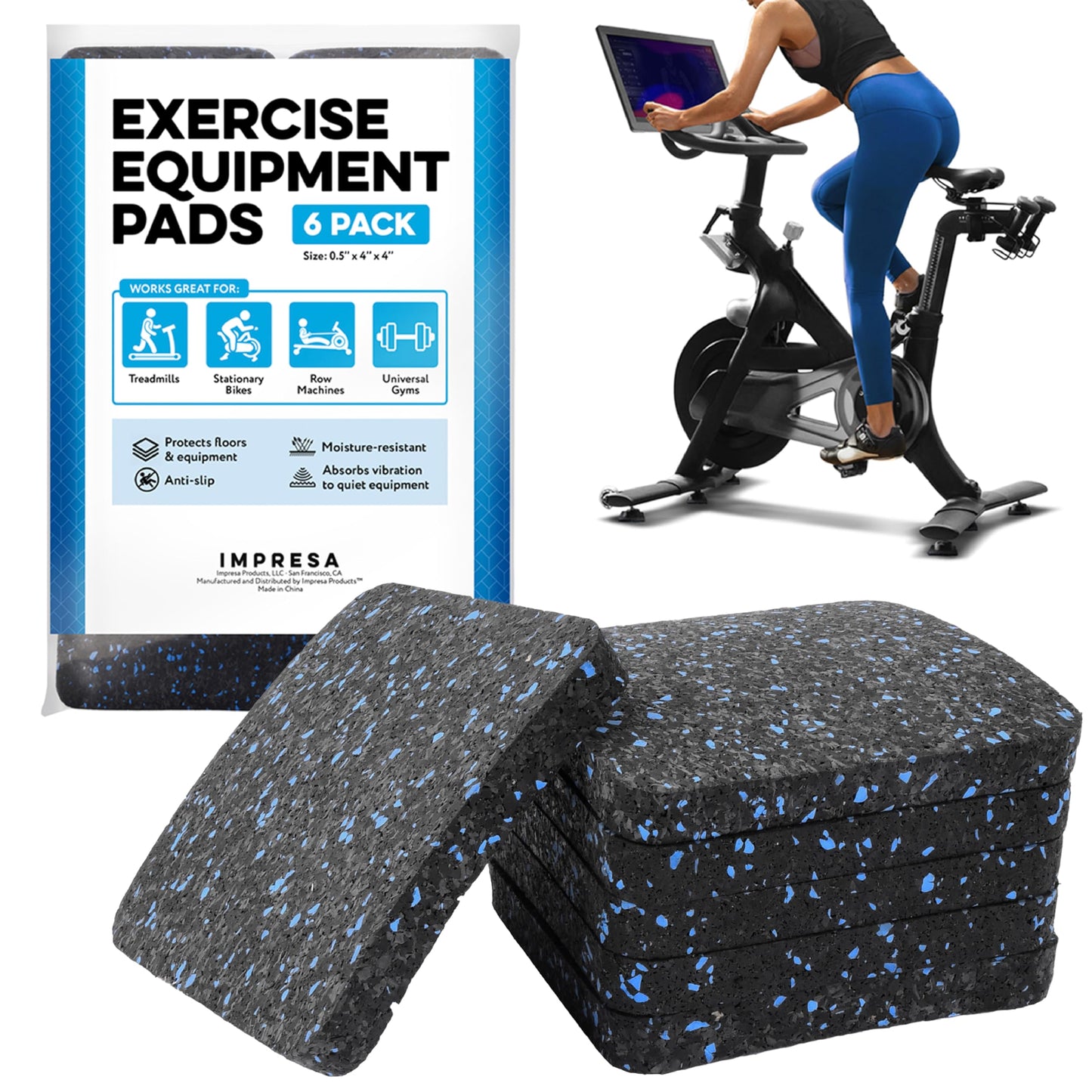 Impresa Rubber Floor Protectors for Walking Pad & Treadmill Pad - 4 x 4 x 0.5 in, 6-Pack - Anti-Vibration & Shock-Absorbing Mats - Workout Mats for Home Gym Equipment