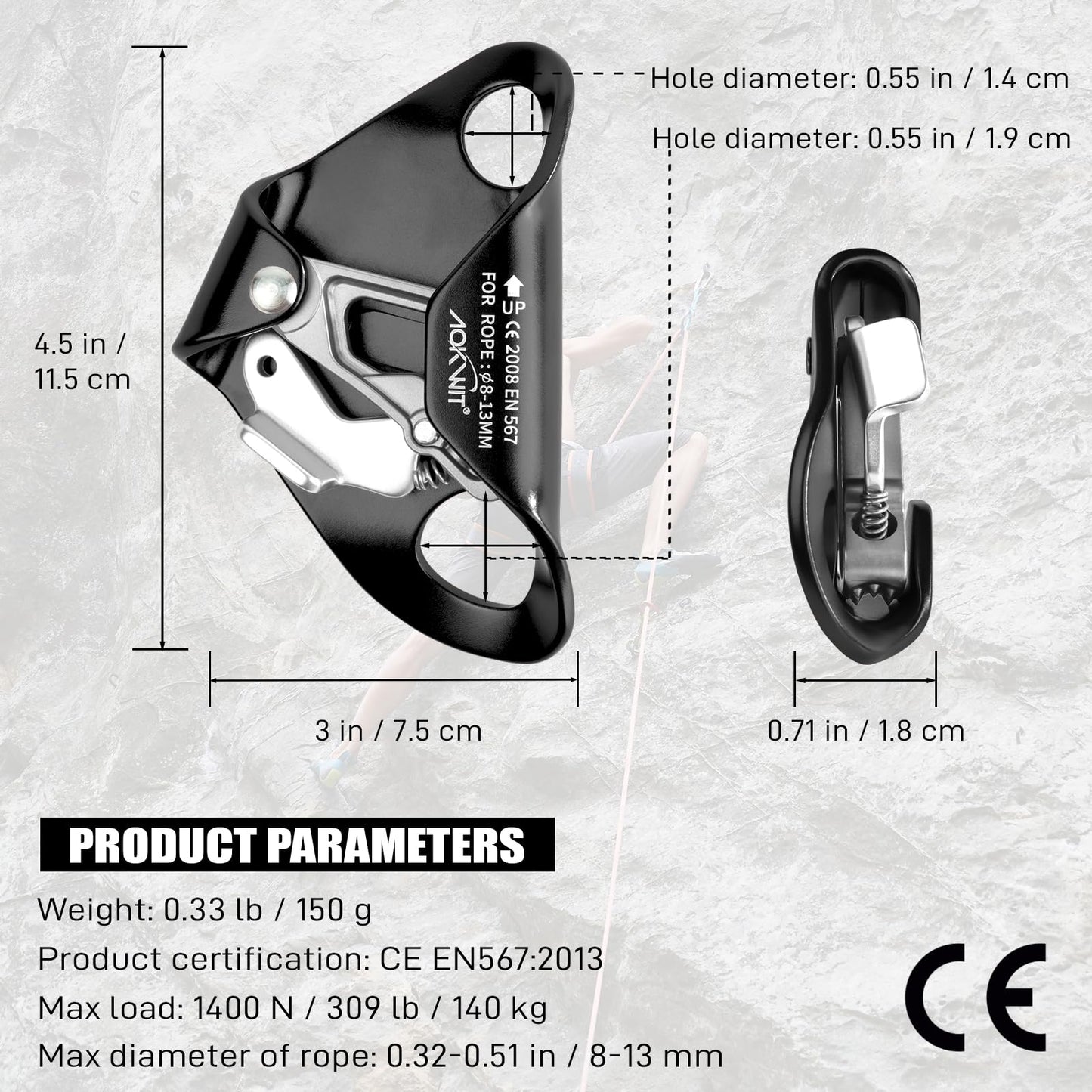 Chest Ascender Tree Climbing Gear Rope Grab High Strength Aluminum Alloy Rappelling Equipment CE Certified for Rock Climbing Rescue Aerial Work Mountaineering Caving Arborist Work 8-13mm Ropes (Black)