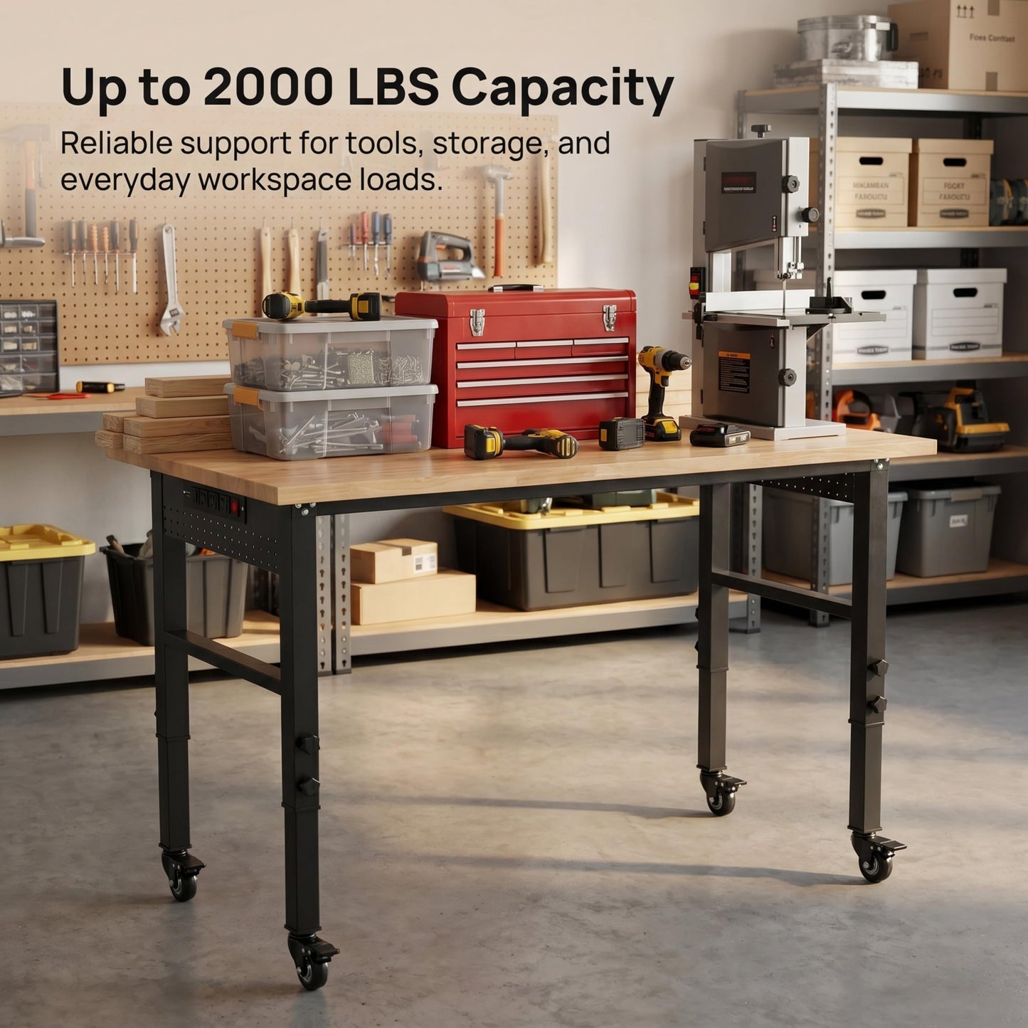 VUWIF 48" Workbench with Casters, Adjustable Height Workbench with Rubberwood Top, Built-in Power Strip with 4 AC Outlets and 2 USB Ports, 2000 LBS Capacity for Garage, Workshop, and Home