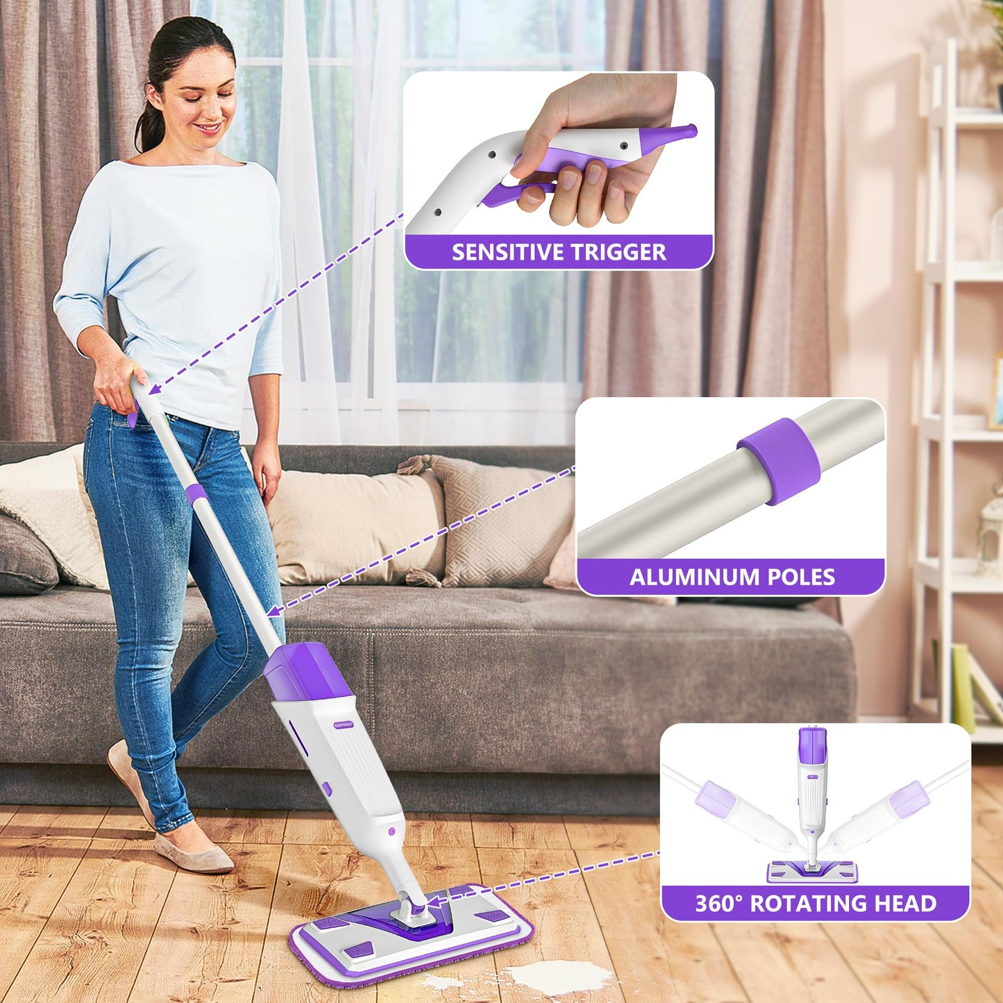 Double Bottle Spray Mop Series - Enspoway Dust Floor Mop with Washable Pads x3 for Wet Dry Home Bathroom Office Commercial for Hardwood Laminate Wood Marble Tiles Ceramic Floor Cleaning
