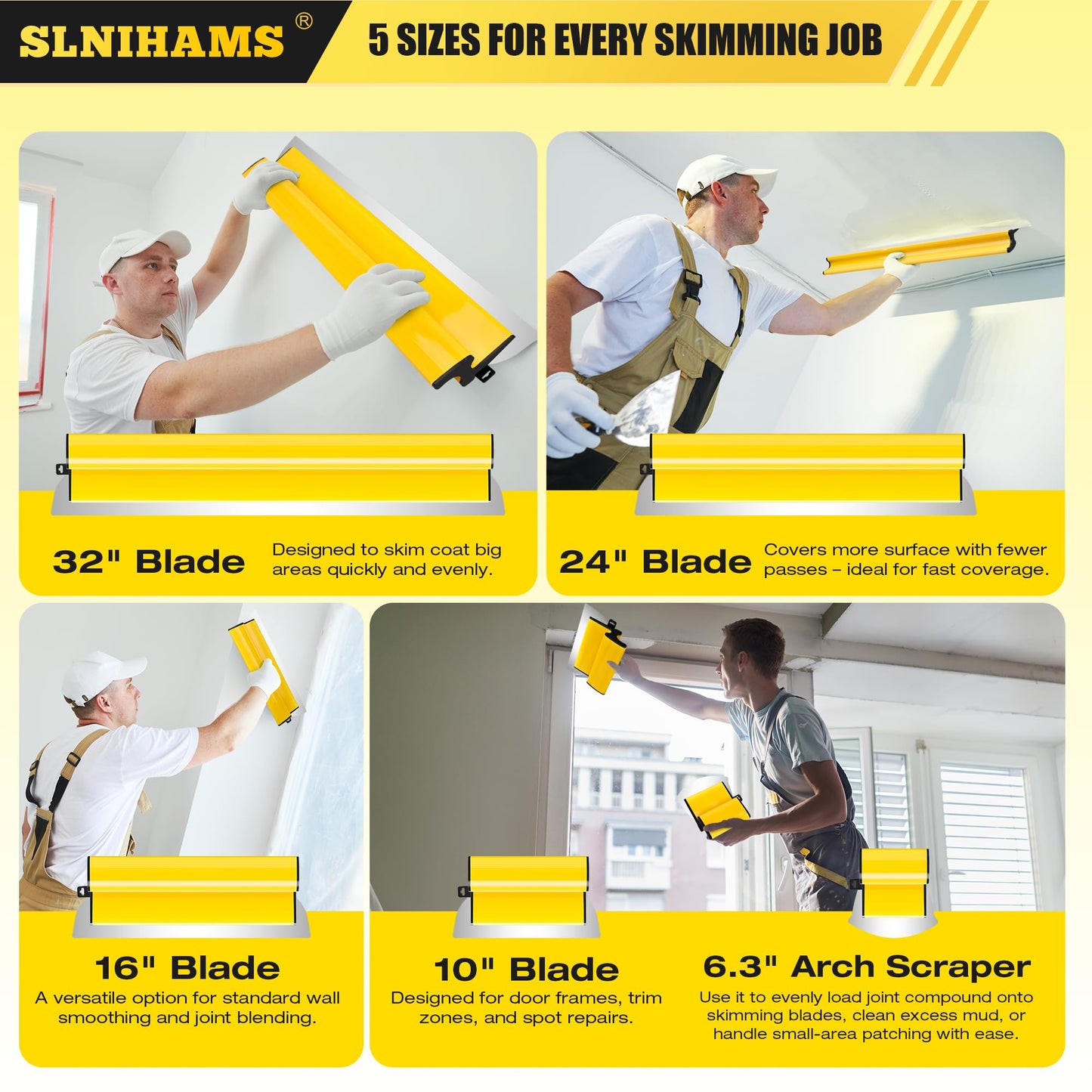 SLNIHAMS Drywall Skimming Blade Set with Replaceable Blades – 5 Stainless Steel Blades (16"-32"), 29"-47" Telescoping Handle & Grip Adapter – Professional Wall Finishing Tools for Smooth Coating