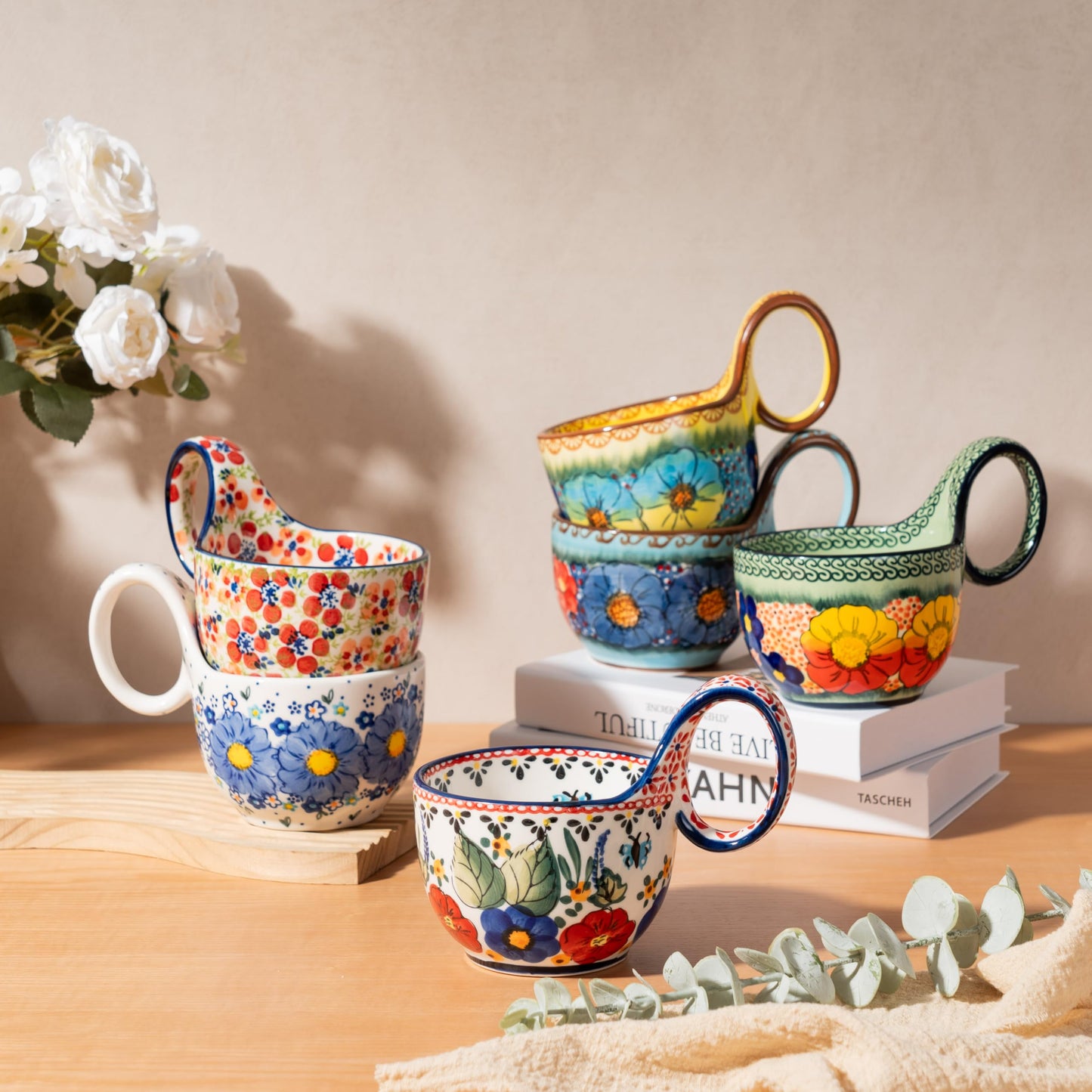 silesia Handmade Loop Handle Soup Bowl, Plate and Spoon Set Ceramic Hand Painted Cereal Bowl Great for Soup, Ice cream, Snack, Stew in Gift Box, Dishwasher & Microwave Safe, Polish Garden