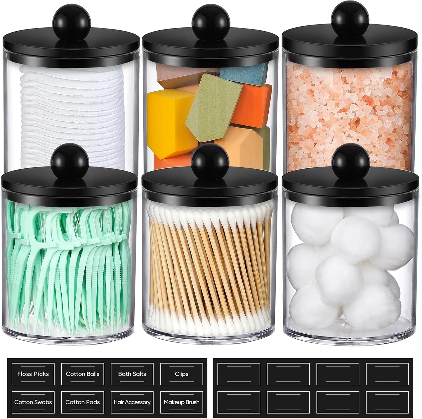 Skiennix Acrylic Qtip Holder Dispenser - 6 Pack Clear & Black Bathroom Storage Organizer