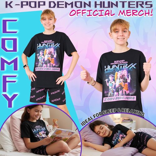 KPop Demon Hunters | Officially Licensed 2-Pc Pajamas Set for Girls, Ages 5-14 | Soft T-Shirt & Shorts Lounge Set