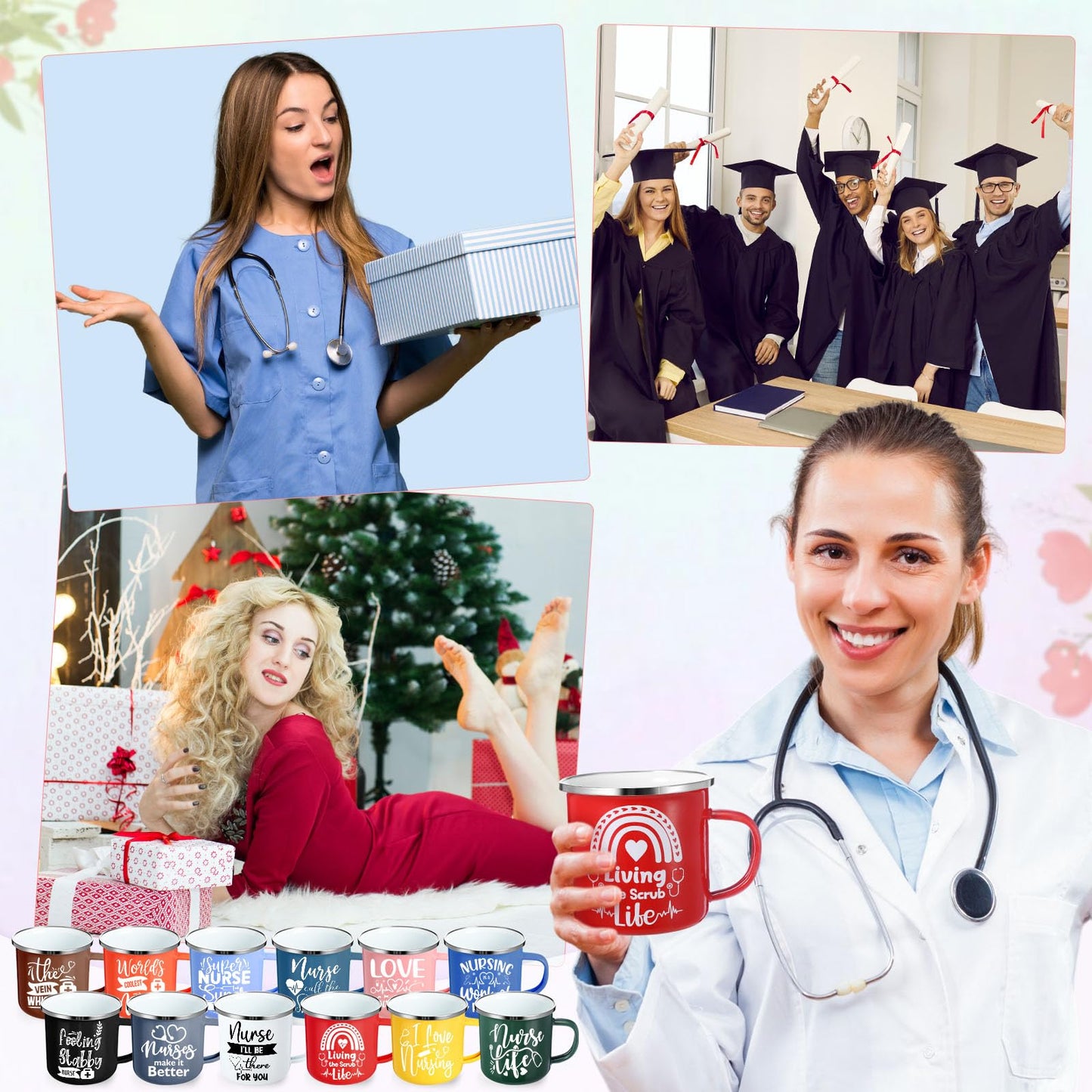 Sieral 12 Pcs Nurse Week Gifts 12 oz Nurses Mug Bulk 2026 Coffee Enamel Cups Set with Handles Motivational Tumbler for Women Doctor Student Graduation School Thank You Presents(Novel)