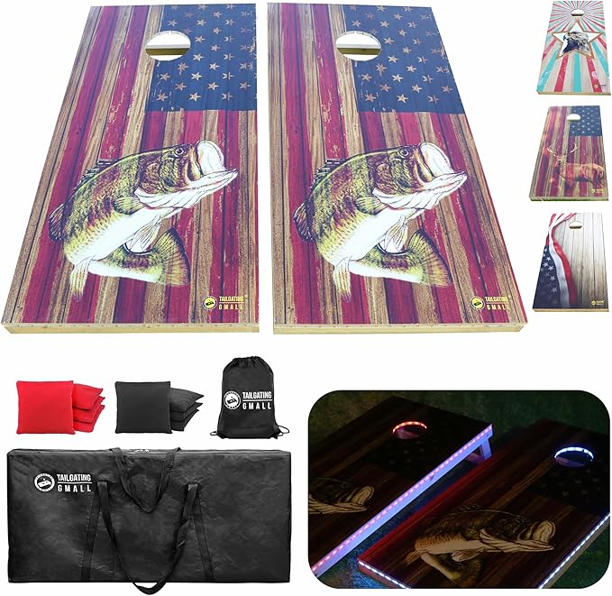 LED Cornhole Board Set 4FTx2FT Solid Wood Regulation Size Cornhole Set with LED Lights Includes 8 Cornhole Bags for Adults (USA Flag & Fish, 4'x2')