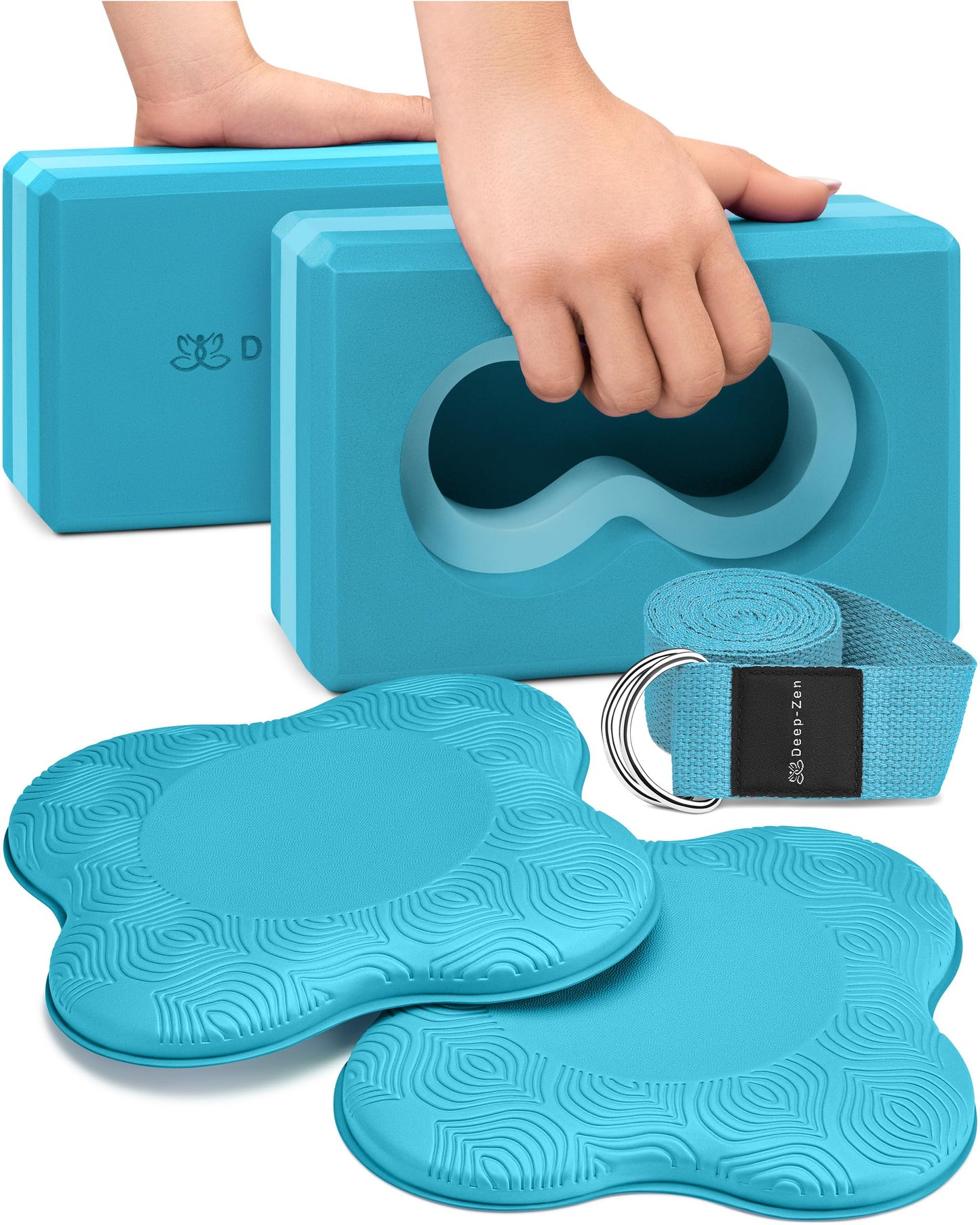 Deep-Zen® Yoga Blocks Wrist Support; Yoga Blocks 2 Pack with Knee Pads and Strap to Put Less Weight on Wrists; Durable, Versatile Yoga Brick Exercise Block Set, Blocks Yoga (Blue)