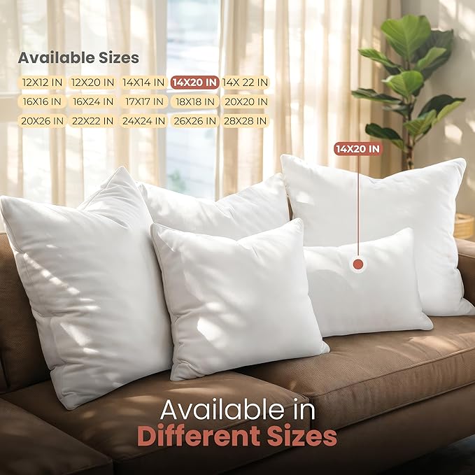 Utopia Bedding 14x20 Pillow Inserts, Set of 2, White – Indoor Decorative Throw Pillows for Bed, Sofa & Couch – Soft, Supportive & Fluffy Cushion Inserts