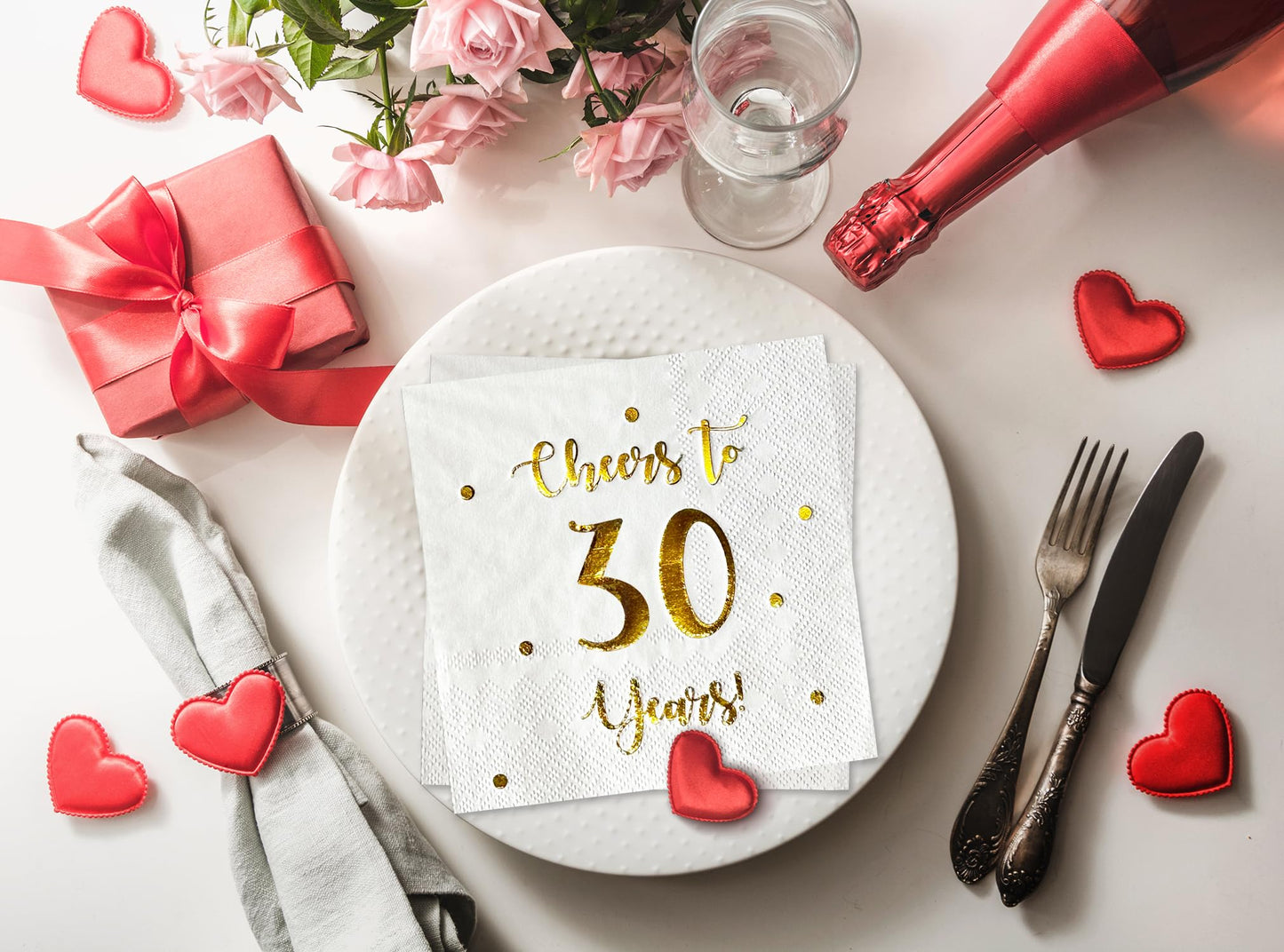 Cheers to 30 Years Cocktail Napkins | Happy 30th Birthday Decorations for Men and Women and Wedding Anniversary Party Decorations | 50-Pack 3-Ply Napkins | 5 x 5 inch folded (White)