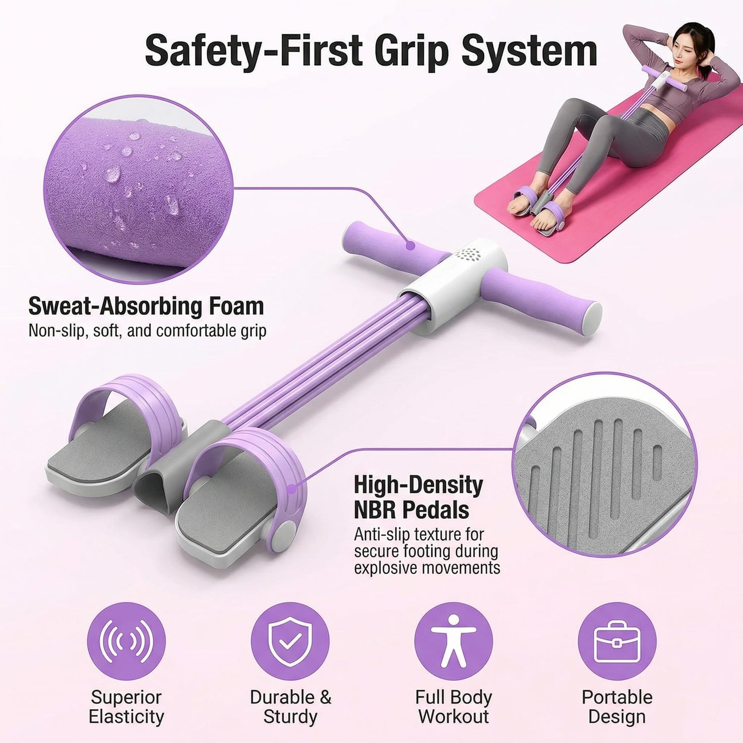 Smart Foot Pedal Puller with Digital Counter and Handles, 6-Tube Resistance Band for Yoga, Full Body Stretching, Home Workout-Purple