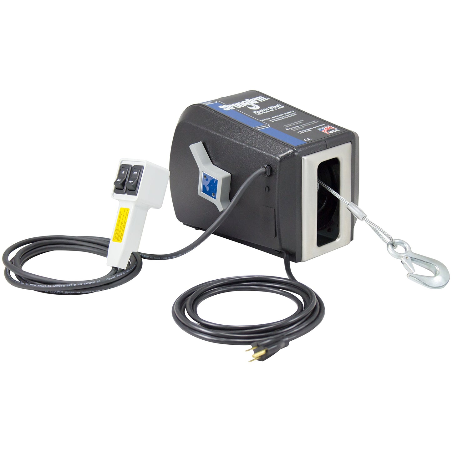 Dutton-Lainson Company - StrongArm (SA5015AC) 120 Volt Electric Winch with Built-In Remote & 3/16" x 20ft Aircraft Cable and Hook for Hauling and Pulling Operations - 1200 lb Capacity, Clutch Lever
