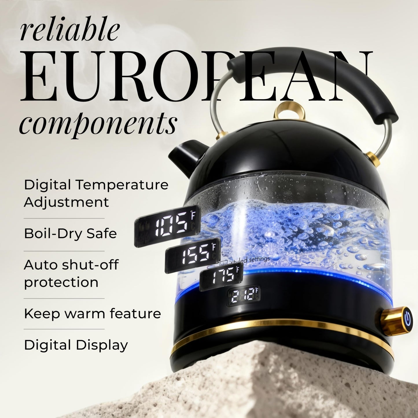 Glass Electric Kettle No Plastic, Stainless Steel, Auto Shut Off and Keep Warm Function - Black and Gold Tea Kettle with Temperature Control – 1500W Fast Hot Water Boiler for Coffee and Tea