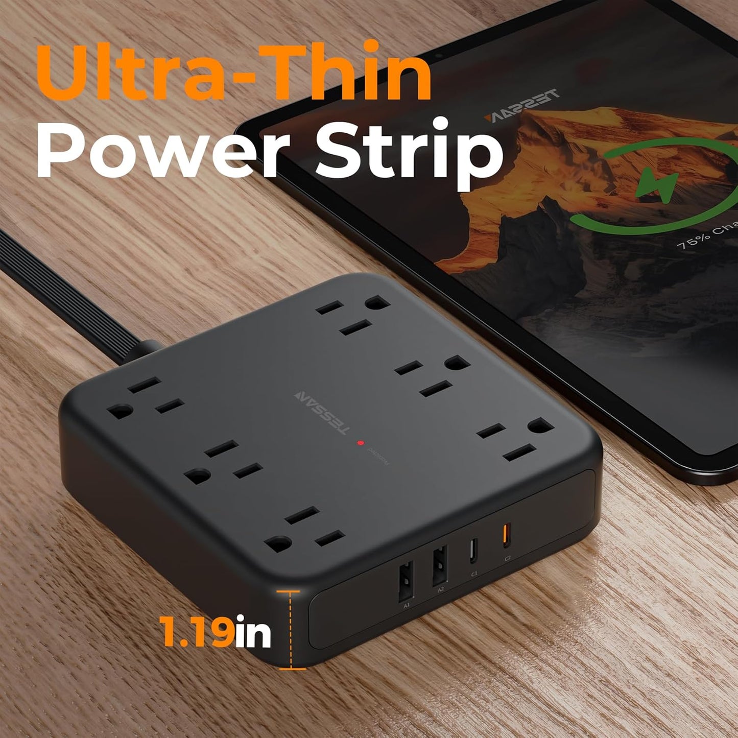 TESSAN 5Ft 6 4 (2 2100 Black Extension Cord with Multiple Outlets, Surge Protector Power Strip with Outlets and USB