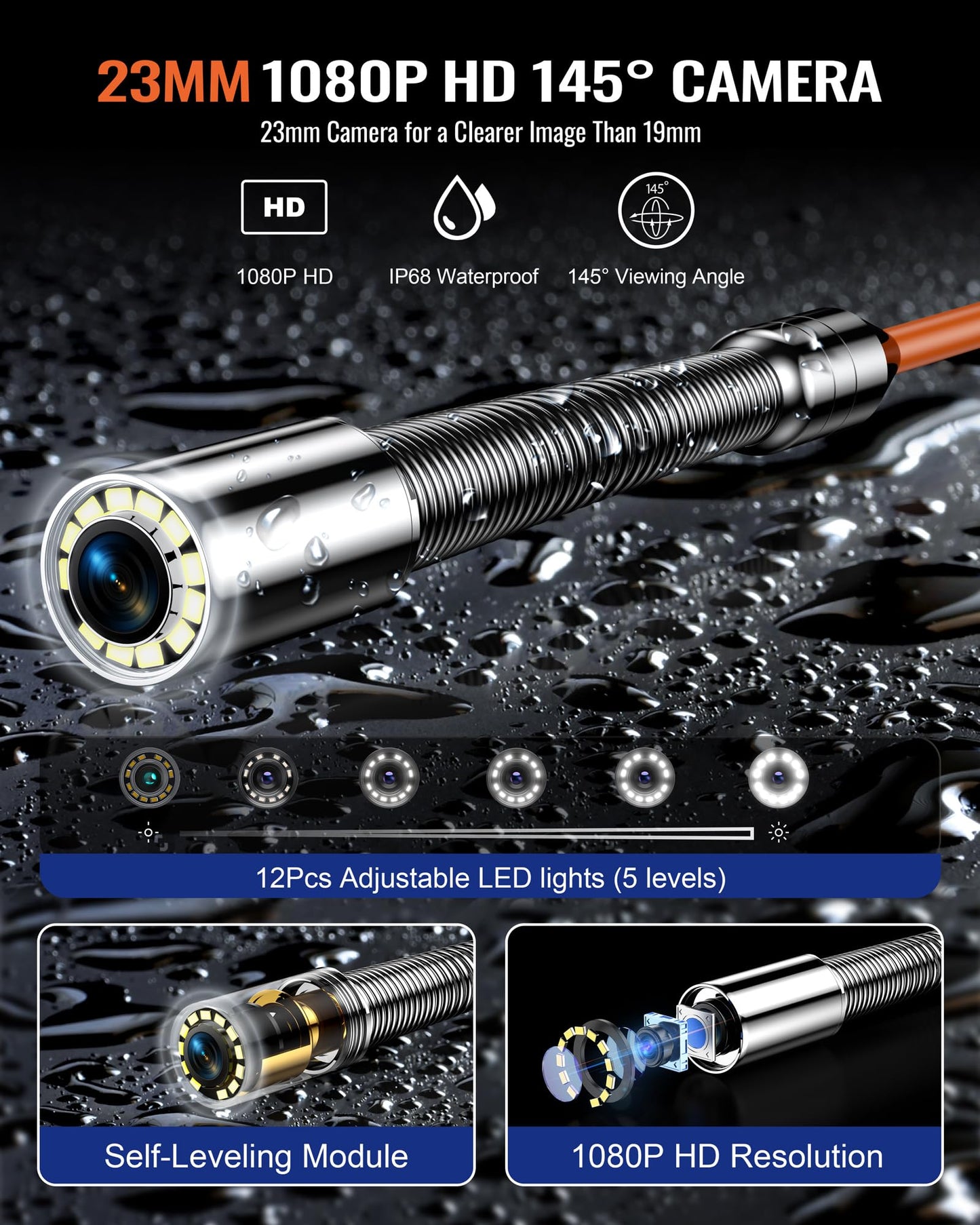 Hialemi Portable 9'' Sewer Camera Pipe Inspector - 100Ft/30M Self Leveling Drain Camera & Meter Counter & 5X Zoom - 145° Plumbing Pipe Inspection Cam with Lights - 1080P IPS Screen & DVR 32GB