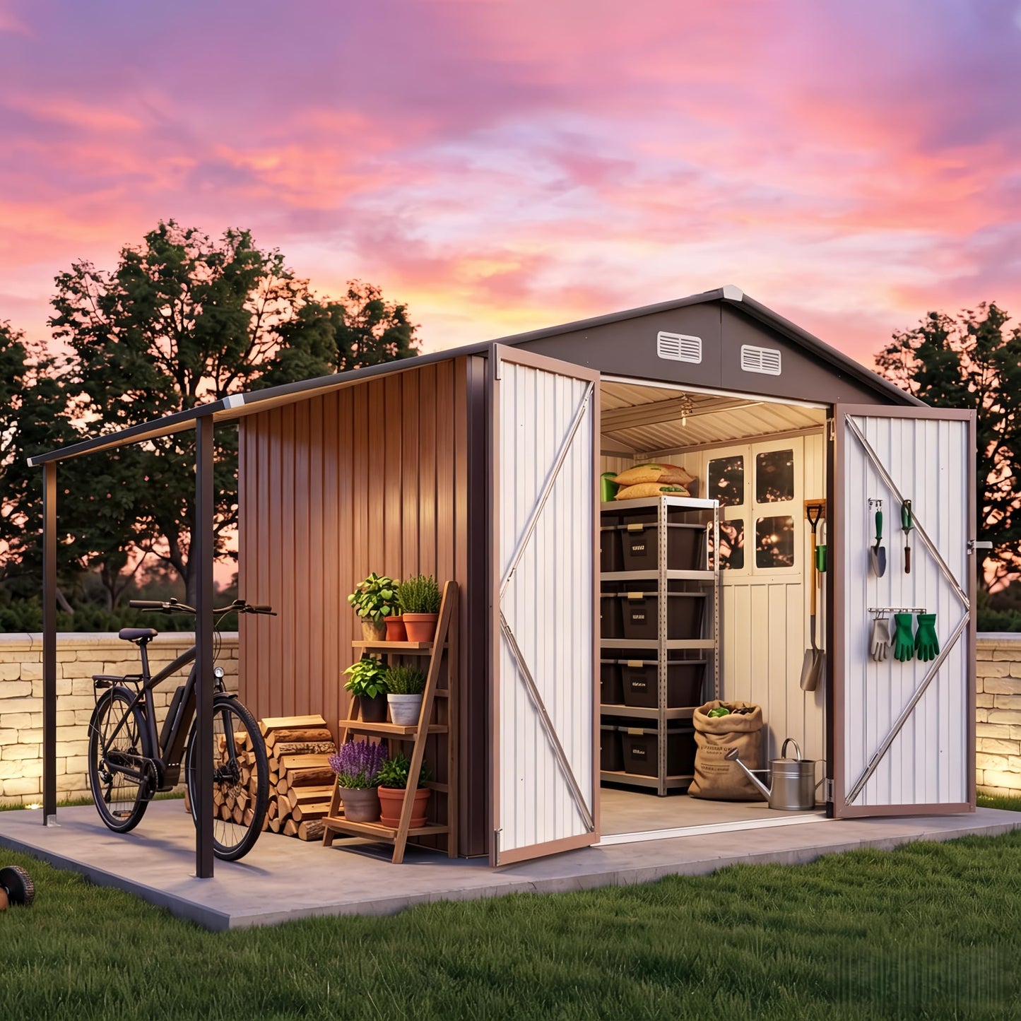 Aoxun 6x10 FT Outdoor Storage Shed Metal Lean to Sheds with Gazebo,Open Firewood Storage,Garden Shed with Lockable Doors,Sloped Roof,Windows, 2 in 1 Large Tool Shed for Patio, Backyard, Lawn