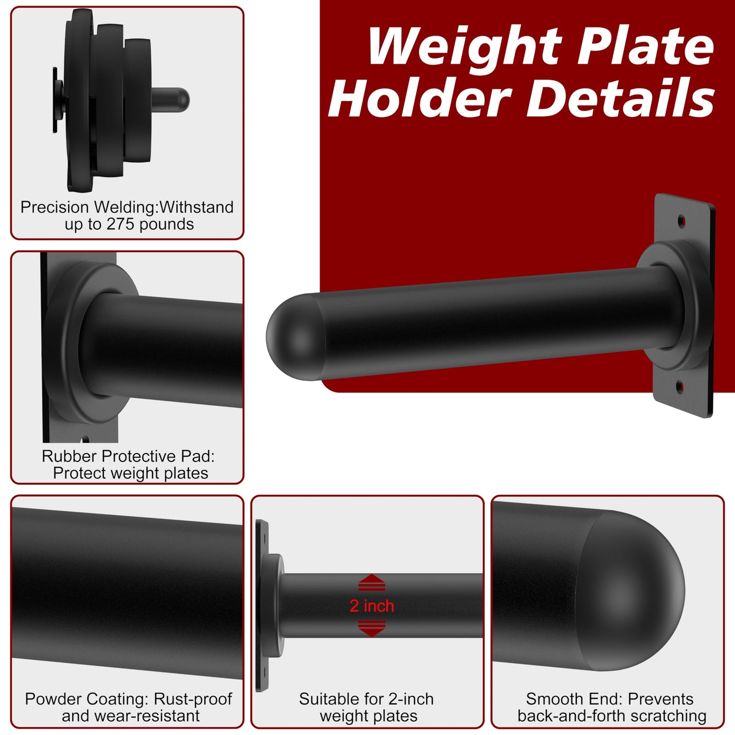 Rumoid 4 Pack Wall Mounted Weight Plate Holder and 1 Pack 2 Hooks Barbell Hanger, Weight Plate Holder for 2" Weight Plates, Vertical Barbell Holder With Protective Rubber Pad for Garage Home Gym