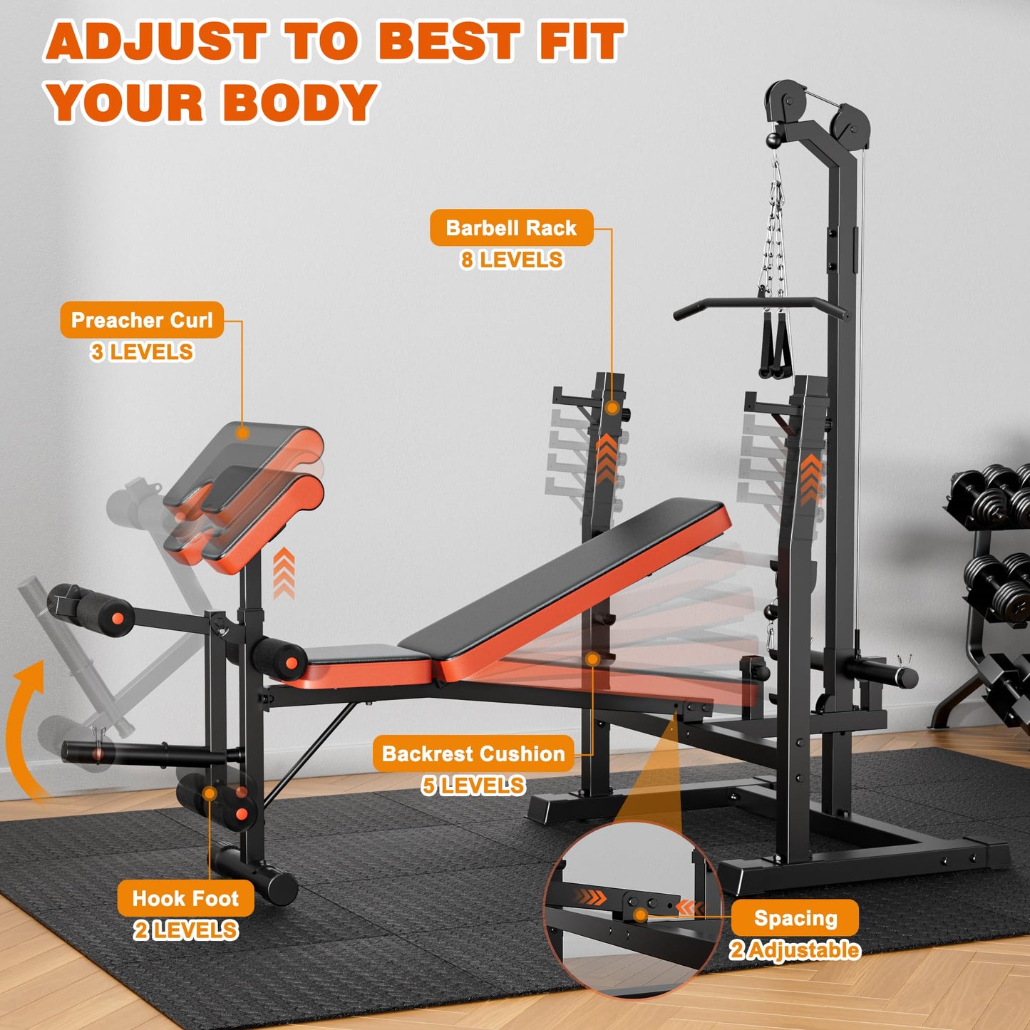 XDDIAS Weight Bench, 9 in 1 Olympic Weight Bench Set with LAT Pulldown and Rowing, 900LBS Bench Press Set with Leg Extension and Preacher Pad, Flat Incline Bench with Weight Plates