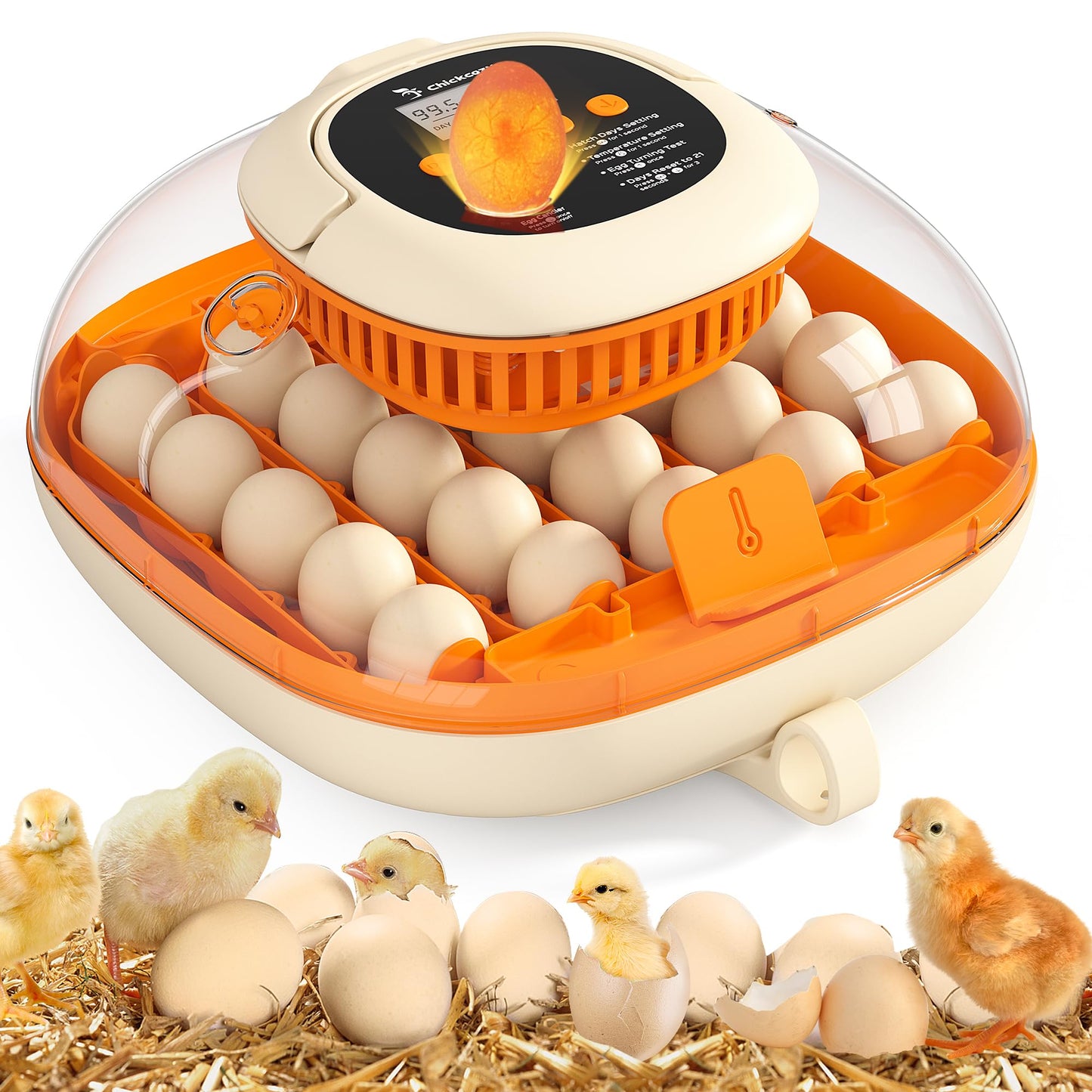 Chickcozy 25 Egg Incubator, Automatic Egg Turner with Thermometer Seat and Humidity Control, Egg Candler, 360° View with Clear Window, Incubators for Hatching Chicks (Sunlit Orange)