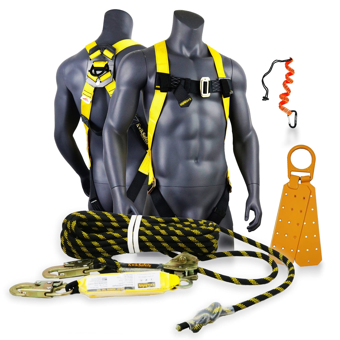 KwikSafety TORNADO [ASSEMBLY] 1D Ring Full Body Safety Harness, 50 ft Vertical Lifeline, Tool Lanyard, Roof Anchor ANSI OSHA PPE Fall Arrest
