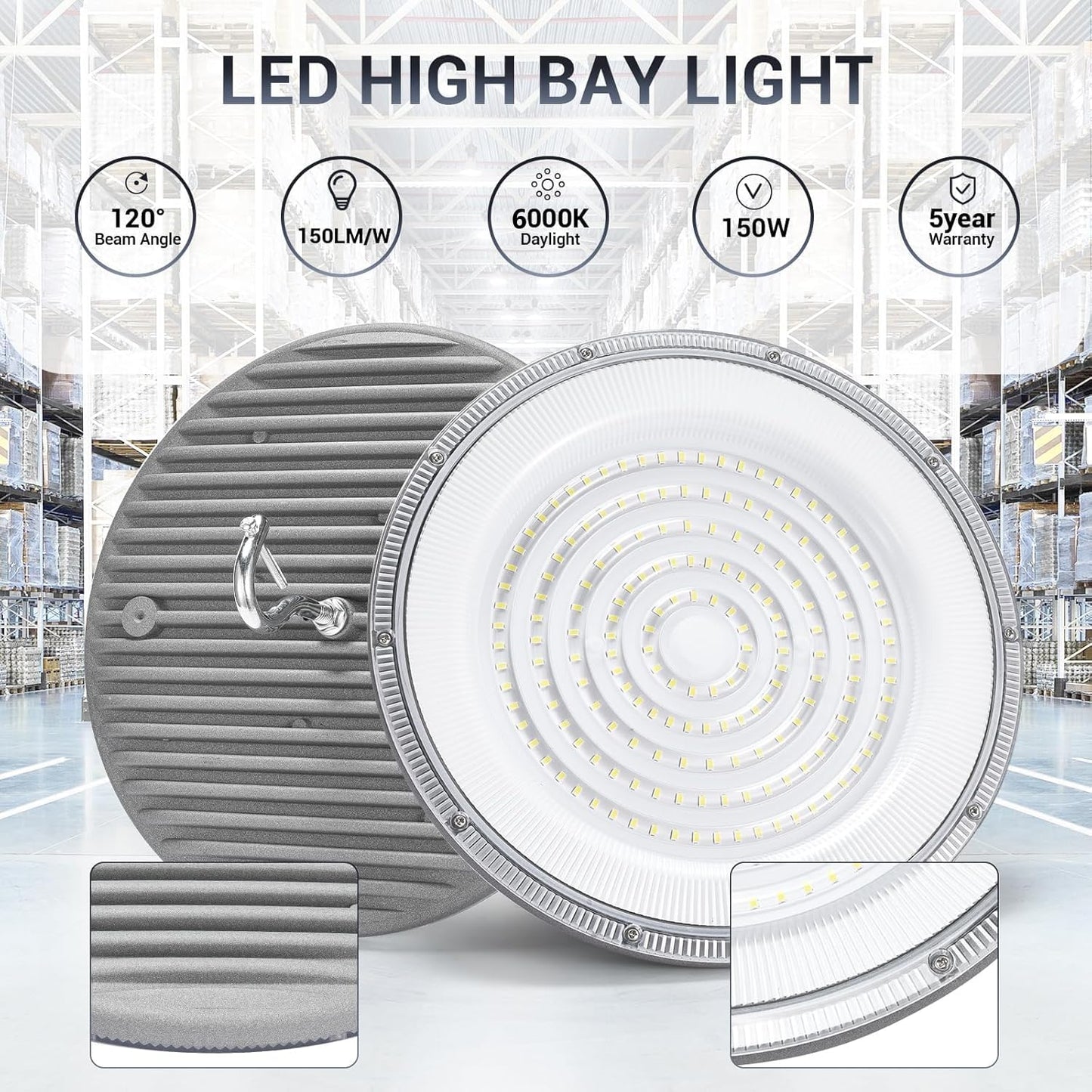 XYCN 10 Pack 150W UFO Led High Bay Light 6000K Daylight,120VAC,Commercial Bay Lighting,IP66 Waterproof,21050LM,650W MH/HPS with Plug Area Lighting for Warehouse/Shop/Workshop/Barn/Gym/Factory