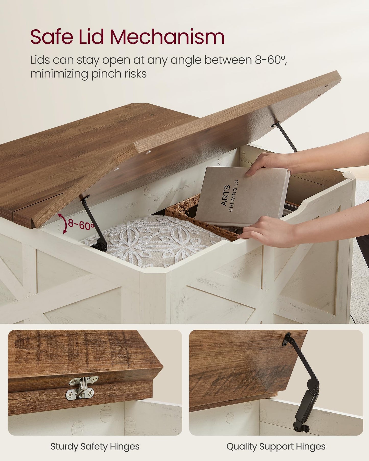 VASAGLE LIRY Collection - Farmhouse Coffee Table with Storage, Square Center Coffee Table for Living Room, with Hidden Compartment, Flip-Top Lids, Honey Brown and Rustic White ULCT232W73