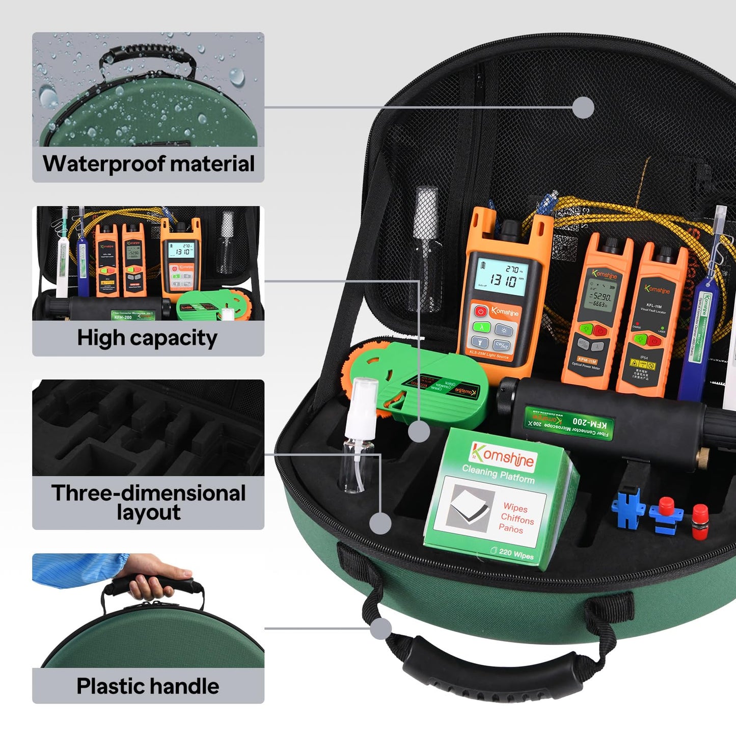 Touch Screen 6 Motors Komshine FX39 Fiber Fusion Splicer Full Set 6s Splice;16s Heat with Extra Electrodes, Full FTTH Toolkit with Microscope 200x, Power Meter, Light Source, Cleaner Tools