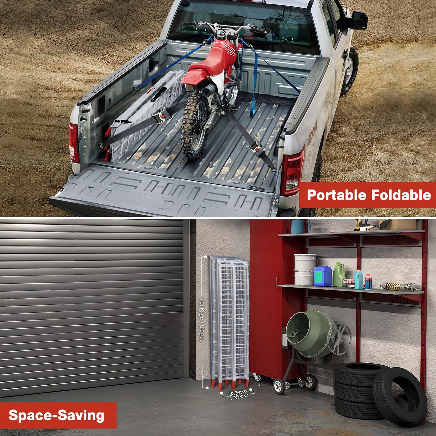 WheelX Aluminum Folding Loading Ramps, 1800 lbs Capacity Truck Ramps for Pickup Trucks Bed, Trailers Ramp with Load Straps for ATV/UTV, Motorcycles, Lawn Mowers, Golf Carts, 2Pcs, 90" L x 12" W
