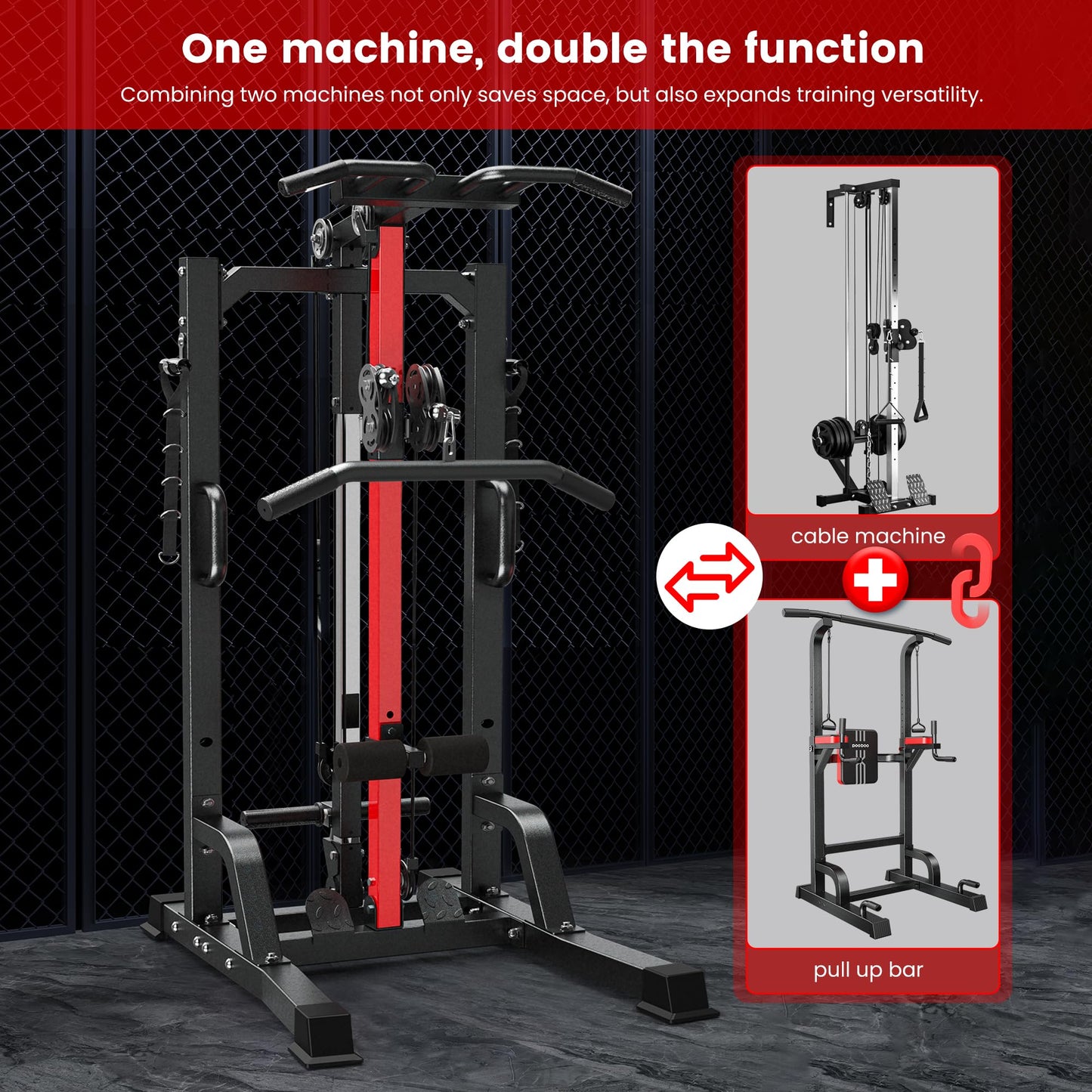 Pull Up Bar Power Tower Dip Station,Cable Machine-Integrated 450LBS Multi-Function Adjustable Height Fitness Strength Training Equipment for Home Gym Strength Training Equipment (Black Plus)