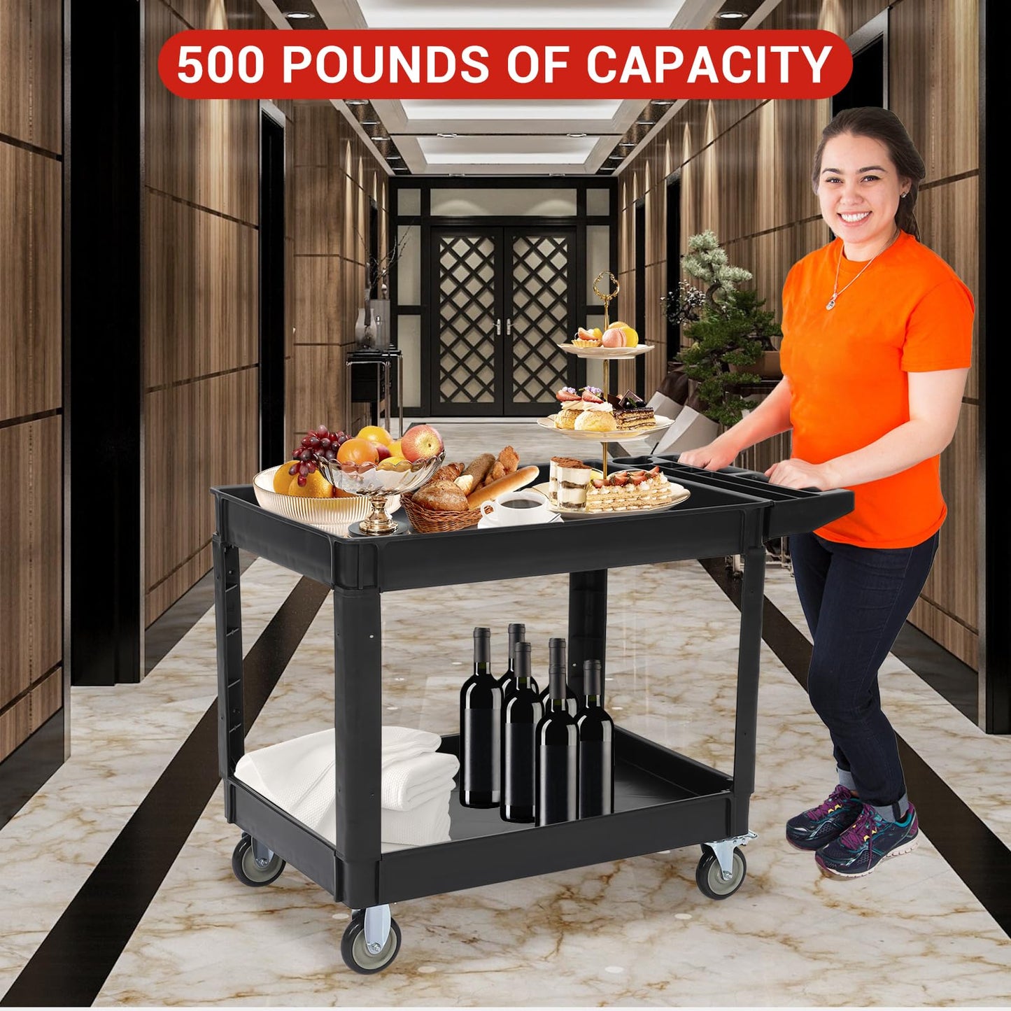 GarveeHome Service Cart 500-Lb Utility Service PP Rolling Cart with Two Trays and Brake Wheel for Warehouse/Garage/Cleaning/Manufacturing，45" 25" Black